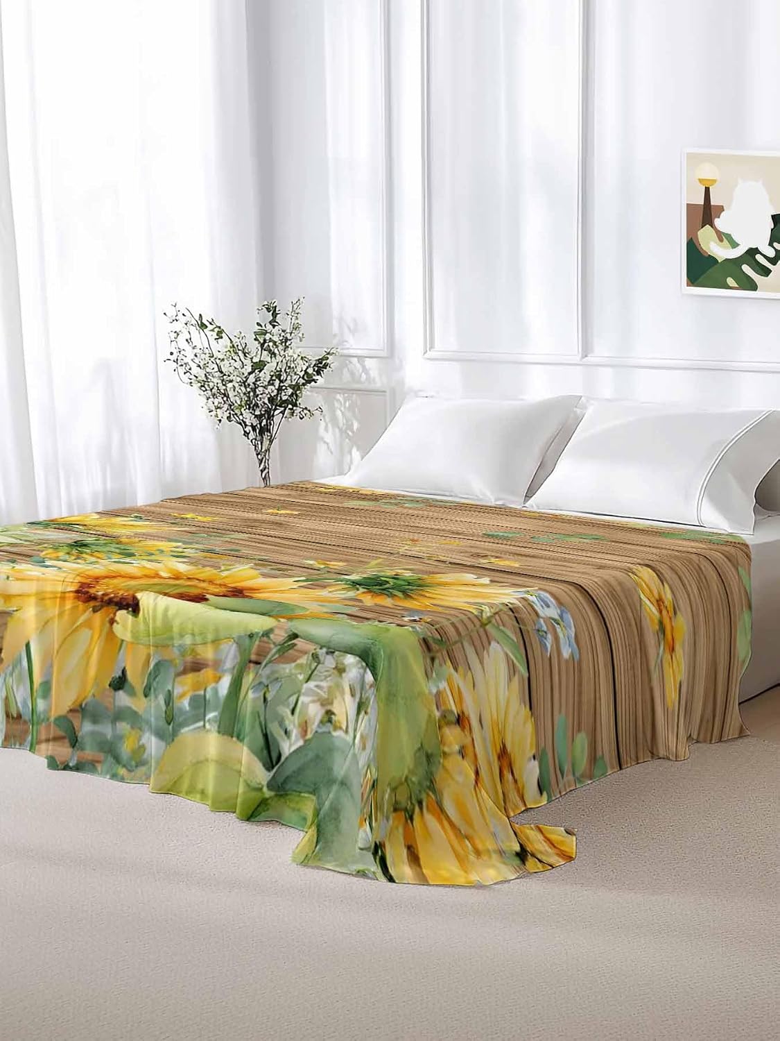 Top Sheet Full Bedding Flat Sheet Only, Summer Sunflower Brown Plaid Microfiber Bed Sheets Soft Breathable Bedding Flat Sheets, Farmhouse Leaves Plant Hotel Luxury Top Sheets