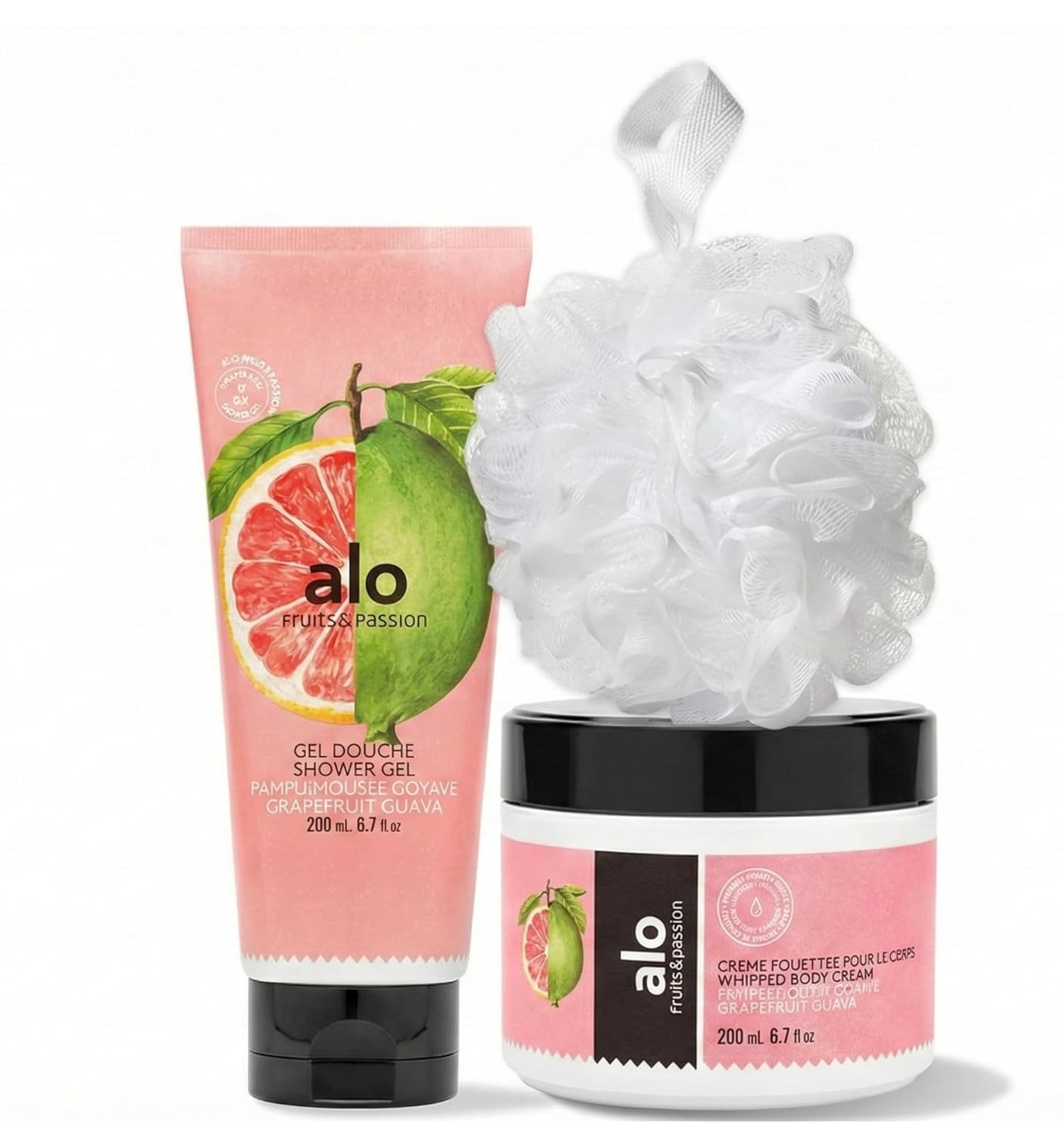 Cucina Fruits & Passion Alo Grapefruit Guava Body Care Gift Set - Shower Gel (200ml), Whipped Body Cream (200ml), White Shower Puff - Perfect Holiday Gift