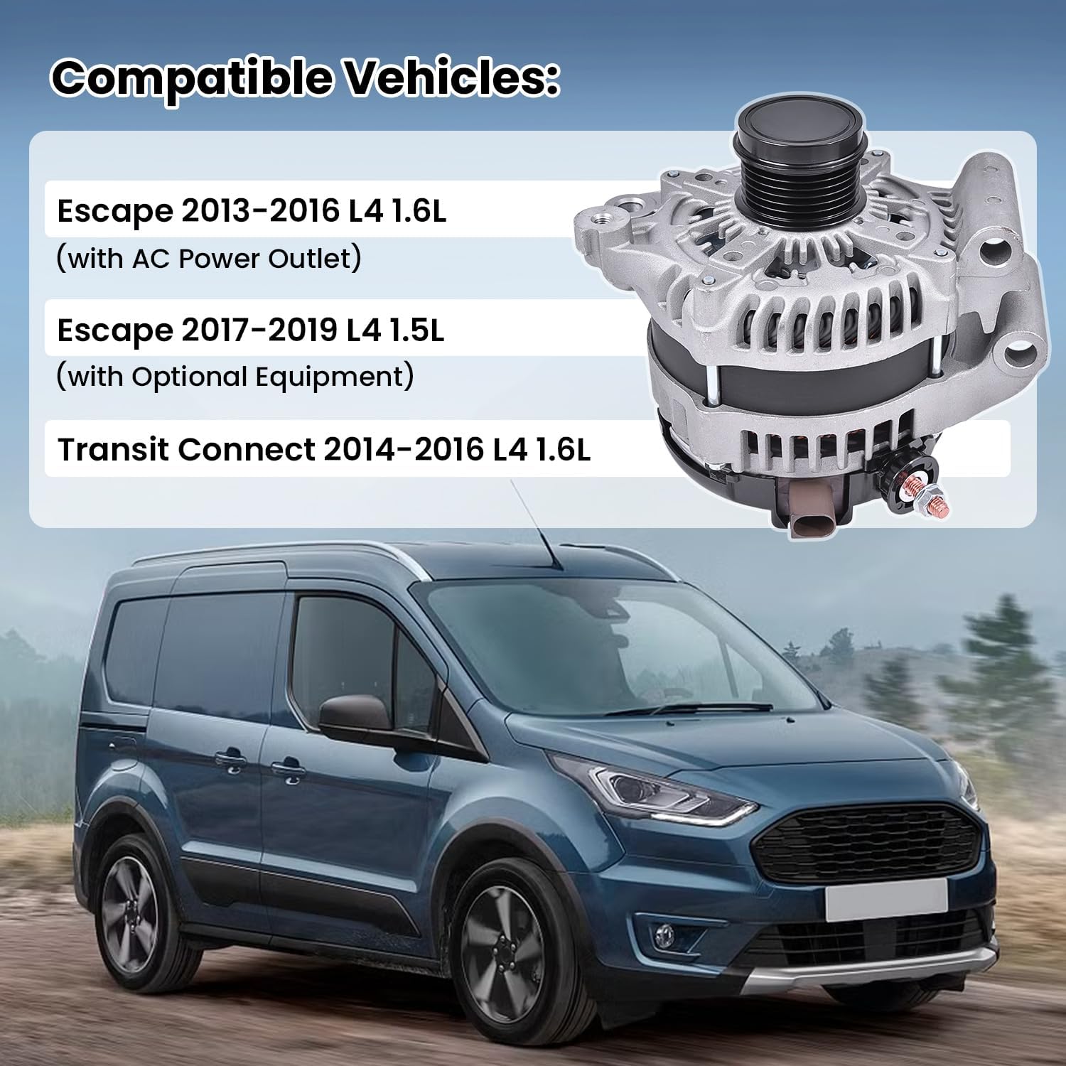104210-6541, 104210-6540 New Alternator 12V 175A Compatible with Ford Escape 2013-2016 1.6L, Escape 2017-2019 1.5L, Transit Connect 2014-2016 1.6L, 6-Groove Clockwise, Part #: 12884, CJ5T10300DB