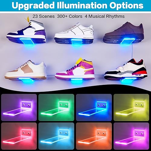 Miniatura 3 de DILIBRA Juego de 6 estantes flotantes de exhibición de zapatos con luces, estante de acrílico transparente que cambia de color brillante para pared,