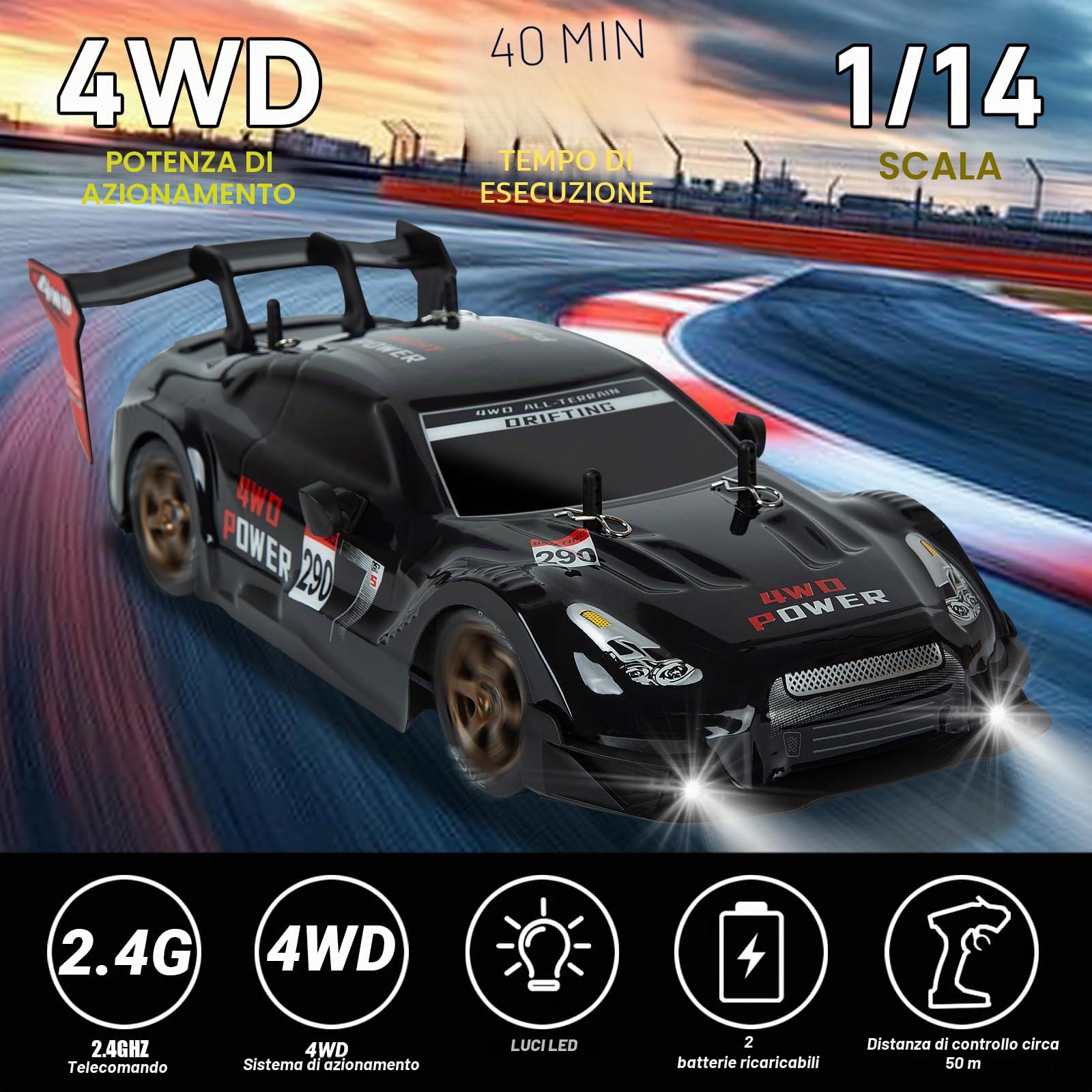 iBlivers Macchina Telecomandata de Drift, 1:14 auto telecomandate con acceleratore proporzionale e sterzo 4WD GT Drift RC Car Macchine per adulti ragazzi bambini