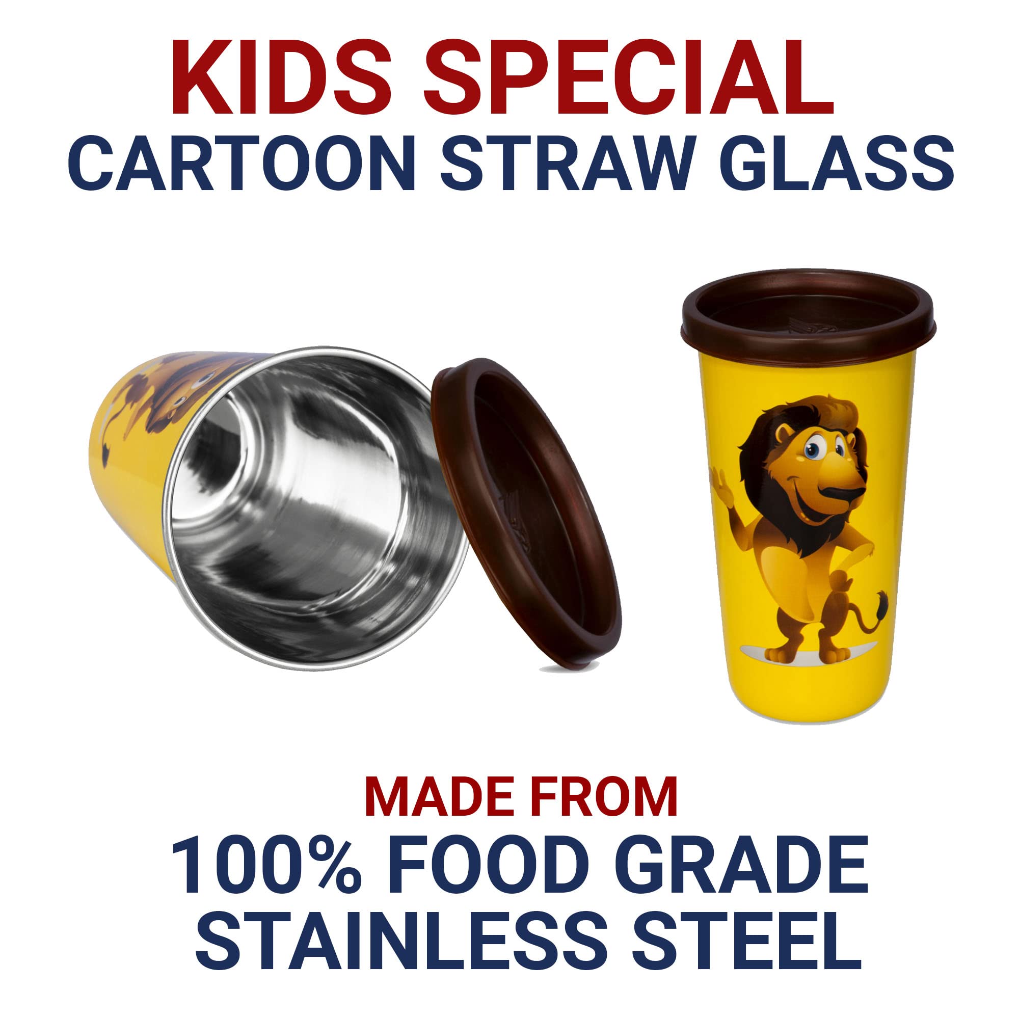 PddFalcon Stainless Steel Tumbler Lion Cartoon Print Steel Straw Glass, CN2,100% Leakproof BIS Certified, Jindal Seal & Made in India- 450ml 3