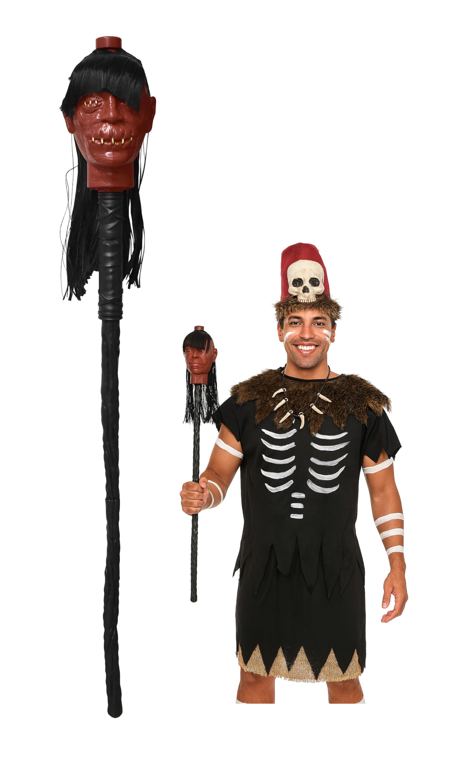 Nicky Bigs Novelties Warlock Voodoo Staff Shrunken Head Skeleton Cane Medicine Man Witch Doctor Healing Staffs Stick Cosplay Adult Costume Prop