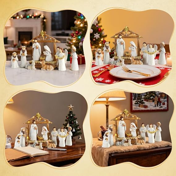 12 Lighted Nativity Scenes - White Hand Painted Nativity Set Resin Figures, First Christmas Story Decoration, Holy Family Keepsake Tub Little People Nativity Set Indoor Mantel Shelf Tabletop