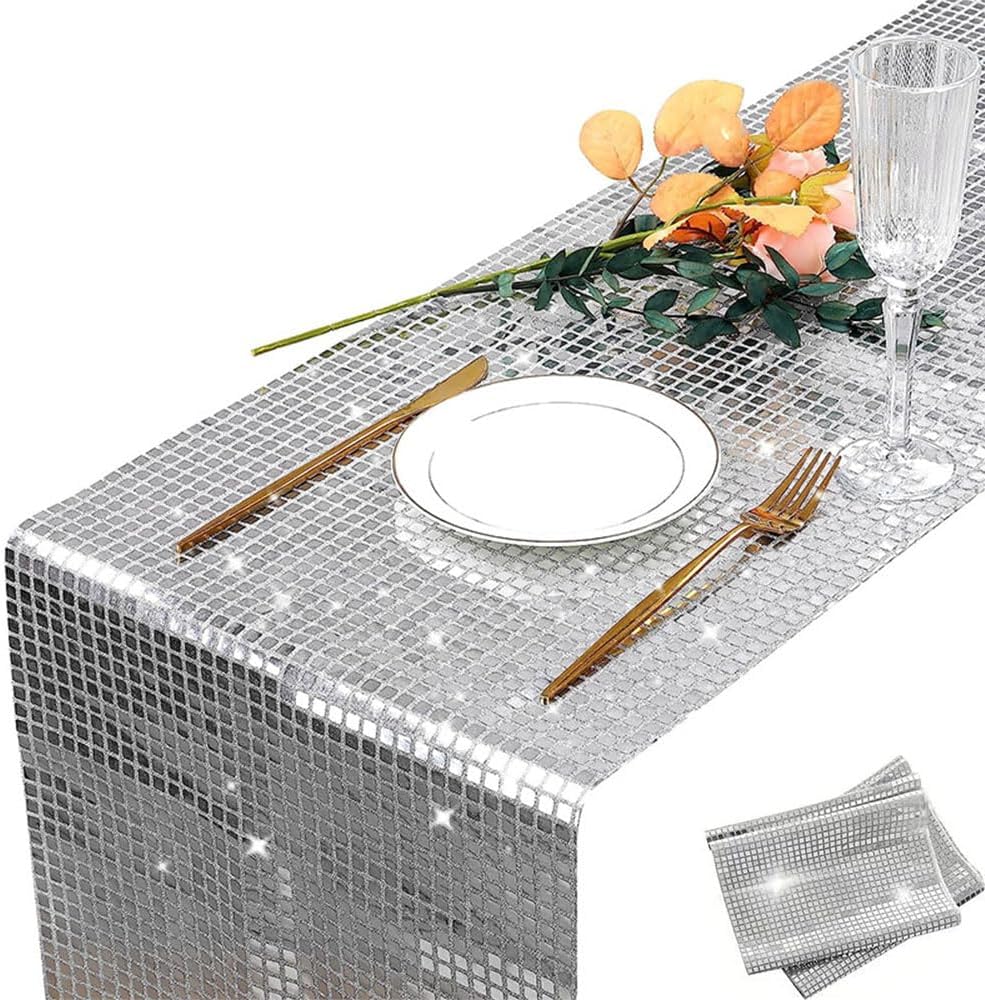 Disco Party Table Runner, 12 x 108 Inch Glitter Silver Disco Ball Table Runner, Silver Sequin Table Runner for 70s 80s Themed Party Birthday Dance Decor