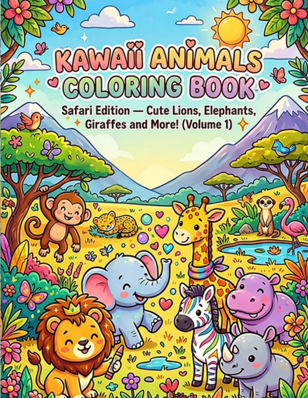 Kawaii Safari Animals Coloring Book: A Cute Coloring Book for Kids with Lions, Elephants, Giraffes, Zebras and Other Adorable Kawaii Animals