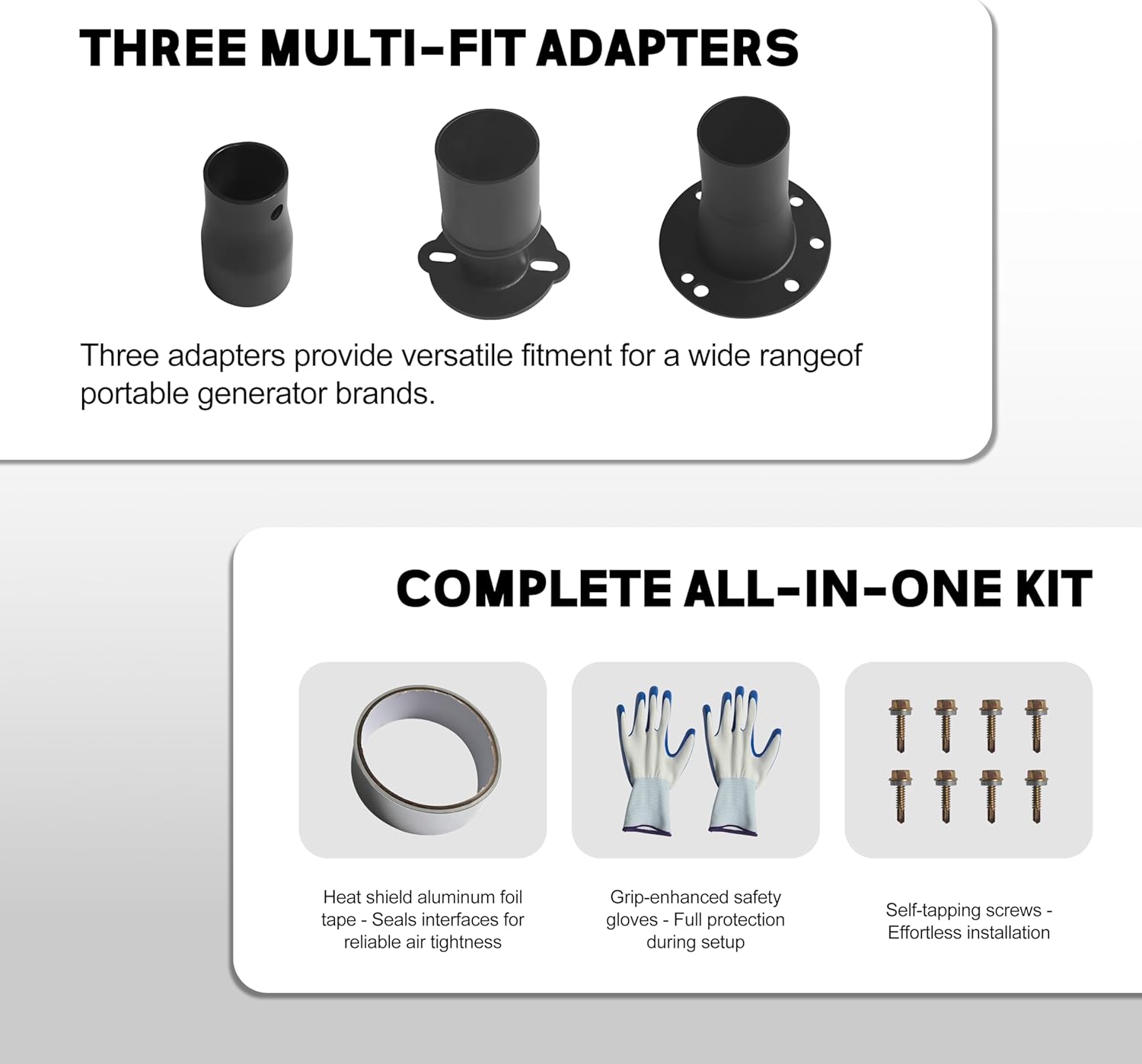 Generator exhaust extension muffler kit, Comes with three universal adapters，with insulation wall mounting plate, can safely discharge exhaust gas for Home/Camping/RV Backup，Reduces Noise by 55%