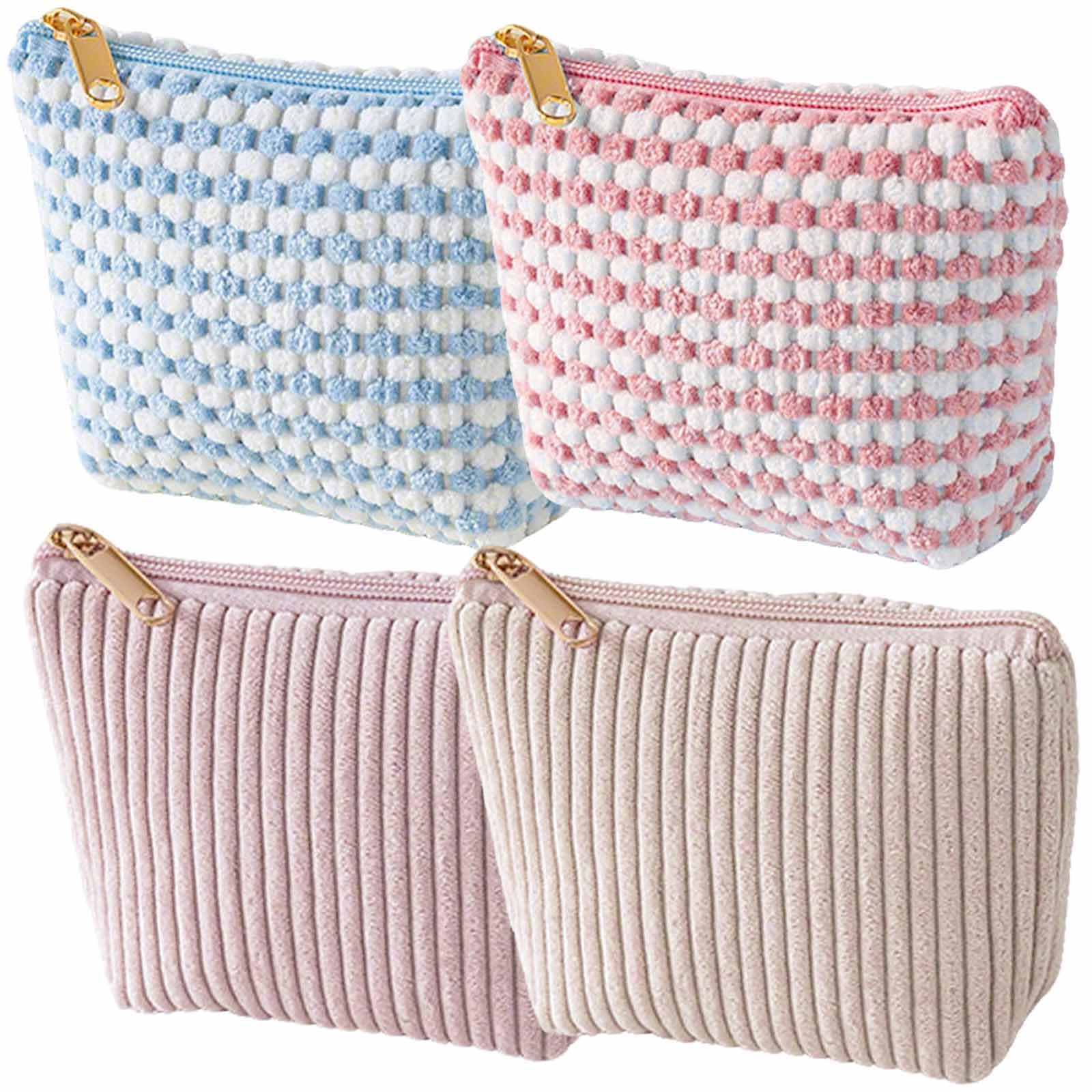 Heogacinlia 4 PCS Corduroy Cosmetic Bag Lattice Makeup Bag Small Stripe Storage Bags with Zipper Portable Mini Pouches Cute Essentials Items Triangle