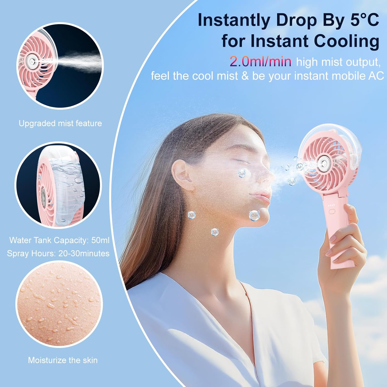 HandFan 4000mAh Handheld Misting Fan, 50ml Water Tank, Rechargeable Personal Mister Fan Portable AC, Spray Water Mist Fans, Foldable Cooling Ice Fans for Beach Travel Outdoors(Pink) - Image 2