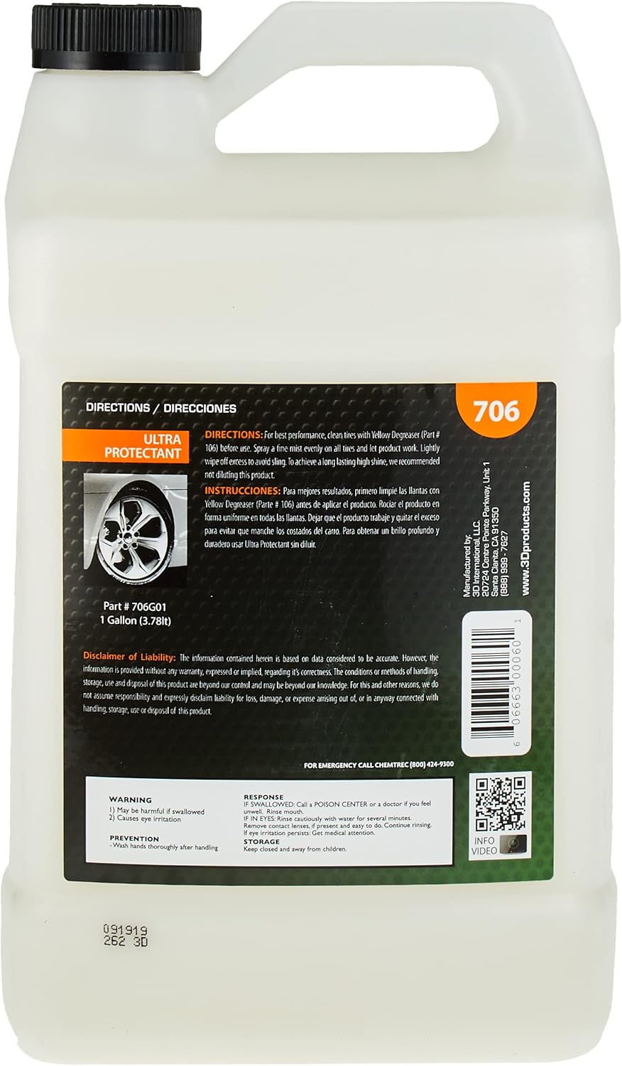 3D Ultra Protectant Tire Shine - Long Lasting, High Shine Tire Spray - Excellent Protectant for Rubber & Vinyl 1 Gallon