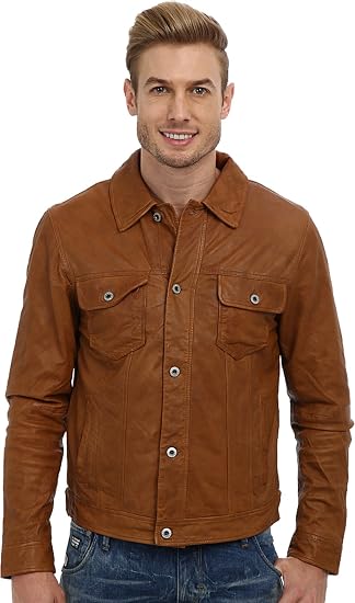 Leather Trucker Jacket, Cognac 