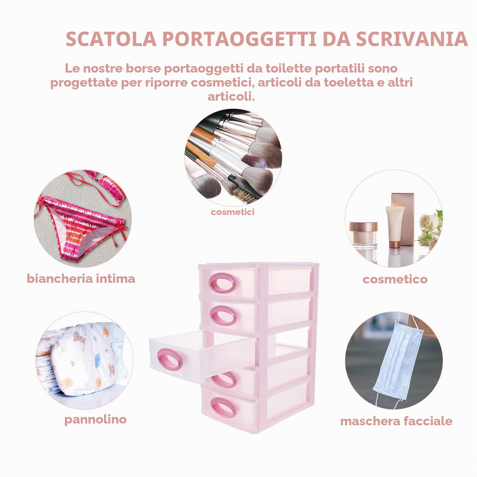 Organizer da Scrivania 5 Cassetti in Plastica PP Rosa Cassettiera Portaoggetti per Trucco e Cancelleria Soluzione Salvaspazio per Ufficio Camera e Cucina