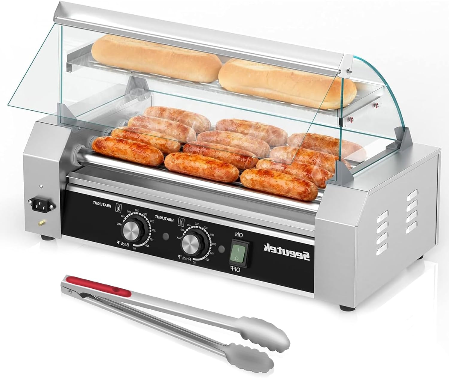 Seeutek Hot Dog Roller, 12 Hot Dog 5 Rollers, Stainless Steel Sausage Grill Cooker, 1100W Hot Dog Machine with Bun Warmer, Glass Hood, Dual Temp Control, Removable Oil Drip Tray, for Home & Commercial