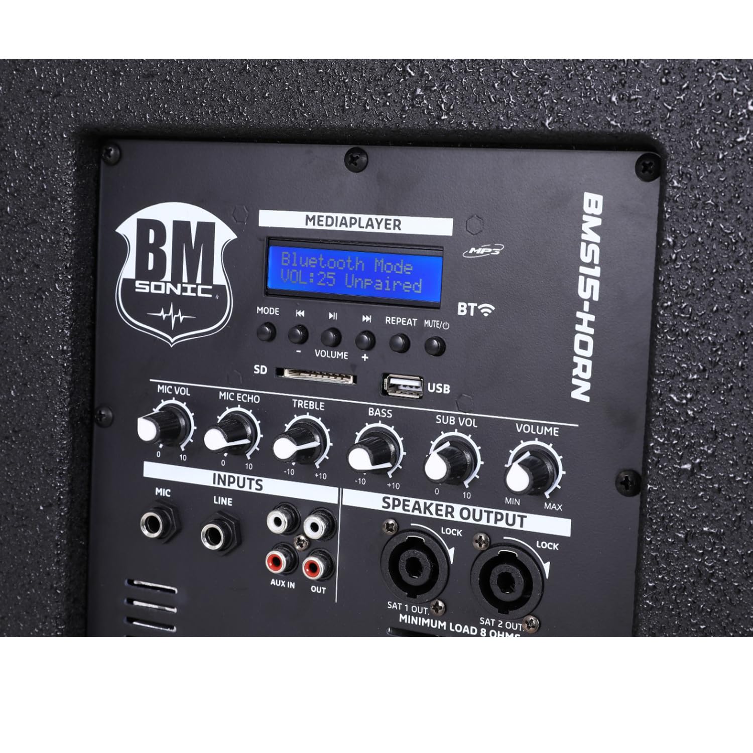 Pack Sonorisation DJ Complet BM Bmsonic BMS15-HORN 1200W, Enceintes Satellites, Caisson 38cm USB/Bluetooth, Supports Câbles