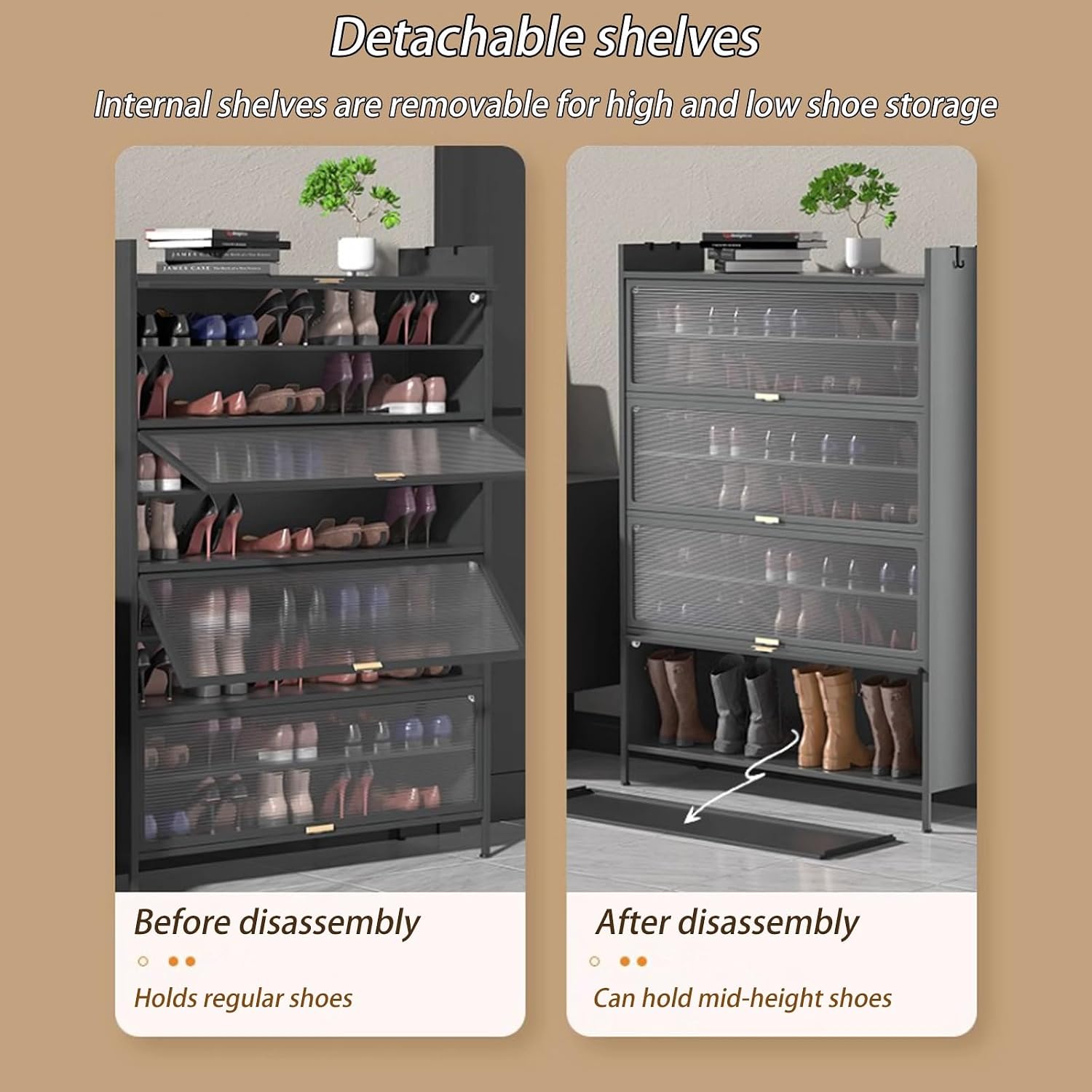 Space Saving Shoe Storage, Entryway Narrow Shoe Rack Storage with Doors, with Storage Shelf & Top Cubby, for High Heels, Entryways, Hallways, Closets, for Entry,Dark Gray-60CM_Four Floors