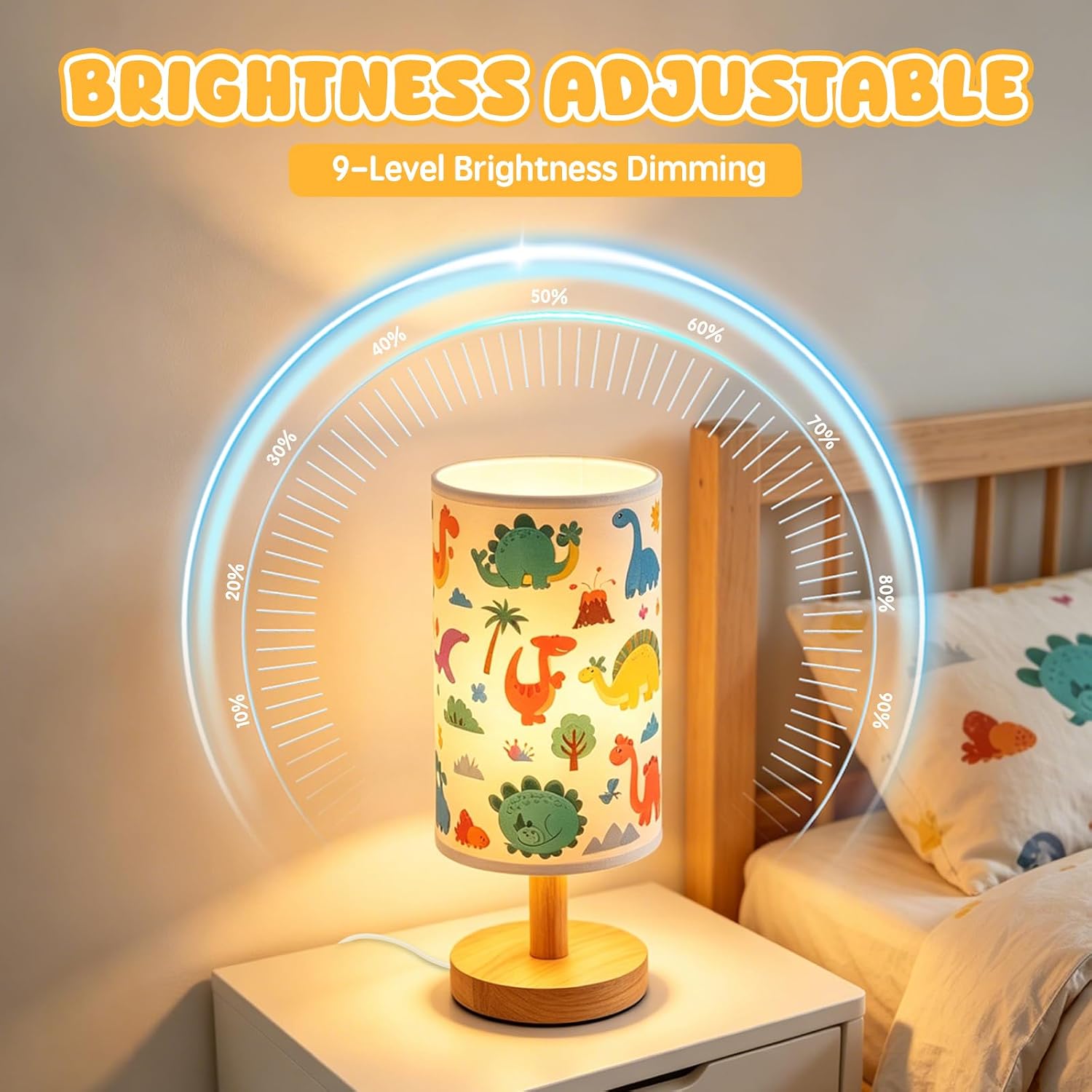 Dinosaur Lamp for Kids Bedroom, 3-Way Dimmable Table Lamp with Wooden Base and Fabric Shade, Cute Dino Room Decor for Boys Girls, Nursery Bedside Night Light, Dinosaur Gifts for Kids
