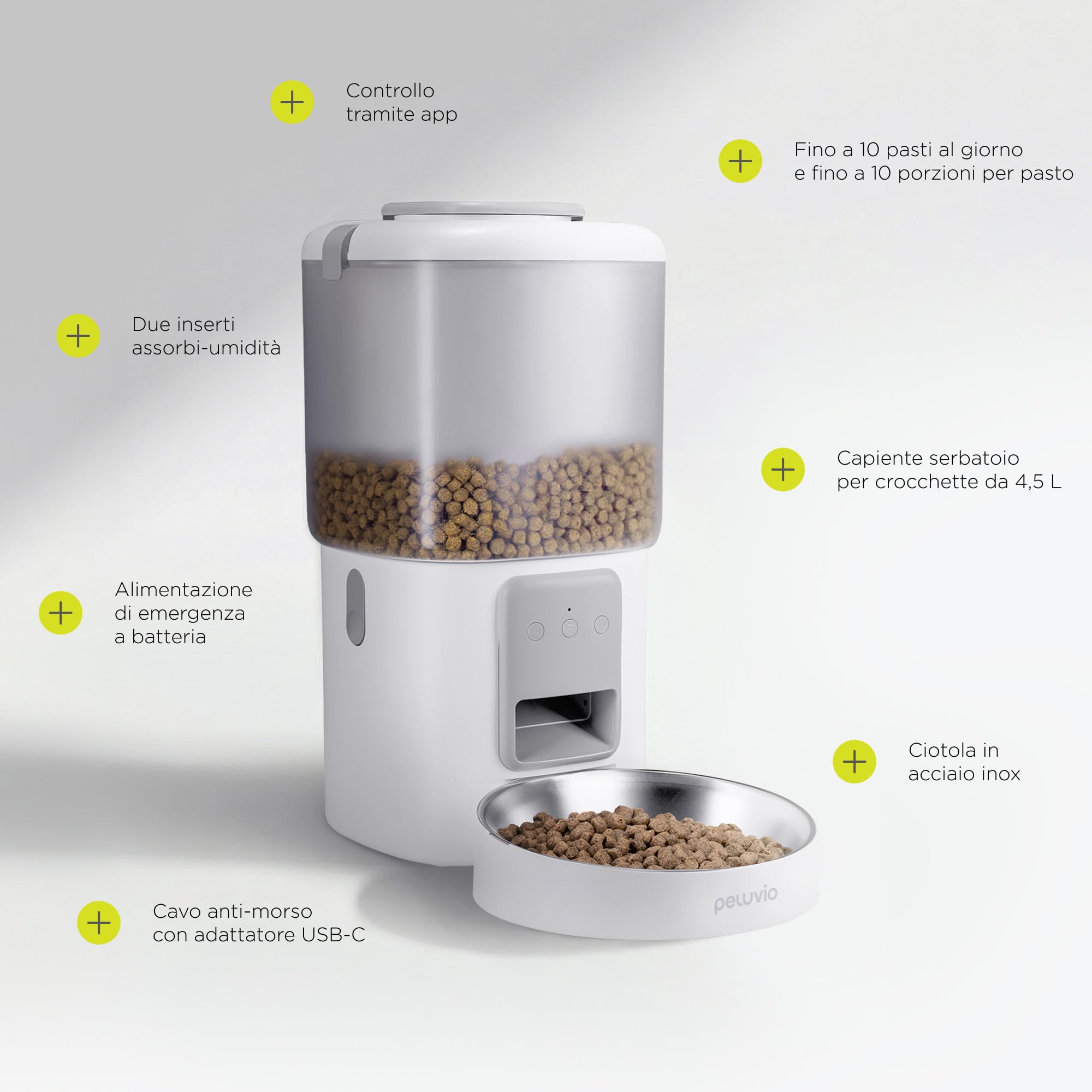 CRISPY WI-FI Distributore Automatico Cibo Cani e Gatti con WiFi e App, Capiente 4,5 L, Programmabile Timer e Porzioni, Registrazione Vocale, Ciotola in Acciaio Inox, Cavo e Batterie (Bianco) | Per Cani e Gatti, App, Timer e Porzioni Programmabili, Registr