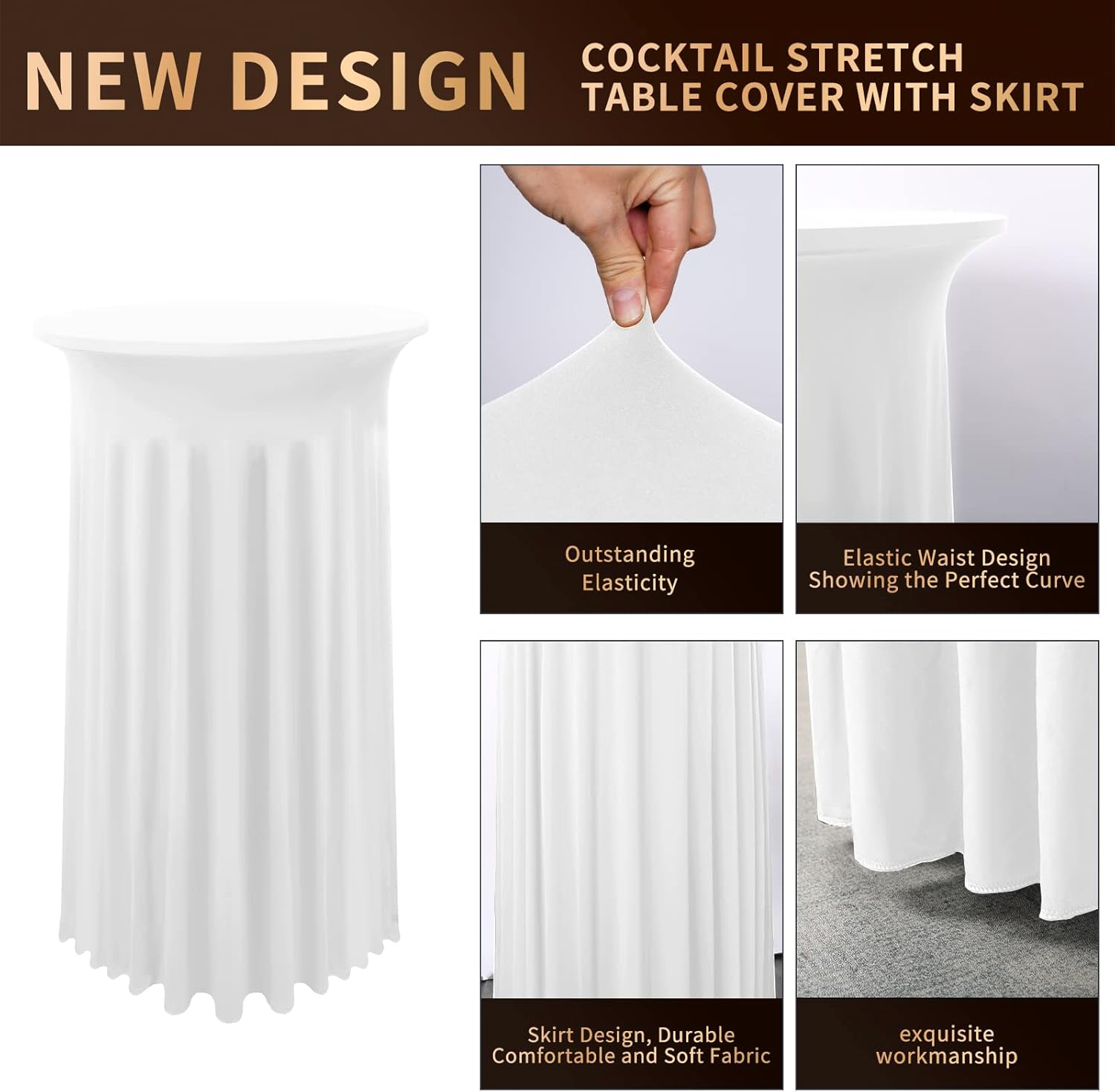 6 Packs Cocktail Table Covers White Cocktail Table Cloth 32"x 43" Spandex Stretch Small Round Tablecloth for 32in Table with Wavy Drapes Fitted High Top Table Cloth for Party Wedding Banquet Bar Table