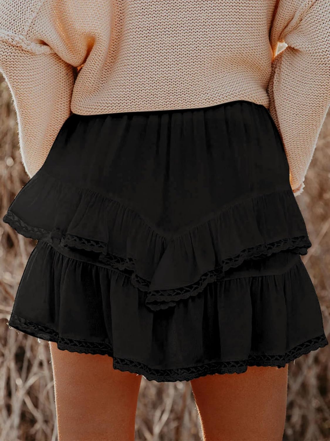 Flowy Shorts for Women Casual Boho Ruffle Tiered Skorts High Waist Mini Skirts Golf Tennis Butterfly Crochet Shorts - Black XXL - Image 2