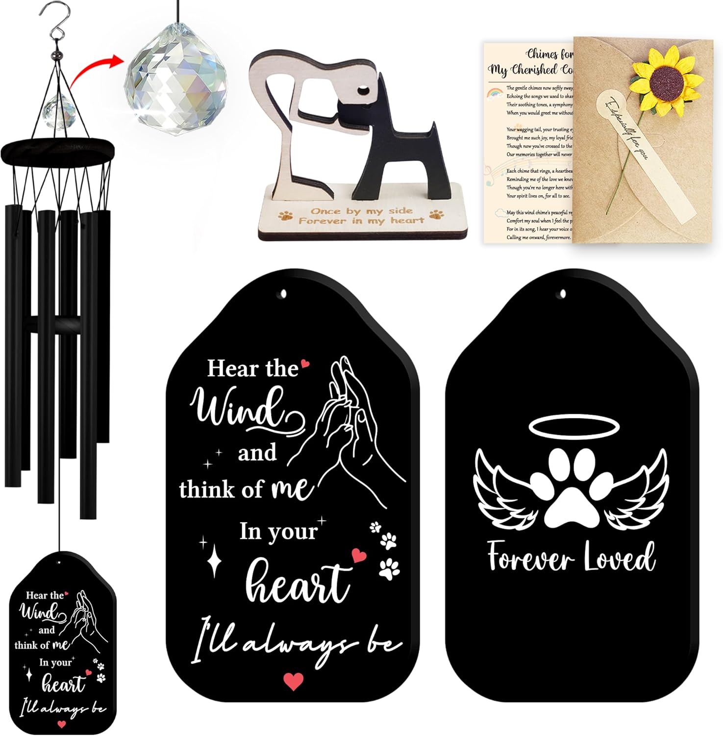 Personalized Pet Memorial Wind Chimes with Crystal, Outdoor Pet Loss Gifts Crystal Window Hanging, Remembrance Sympathy Card and Pet Keychain, Custom Bearevement Keepsake for Dog Cat Passed Away