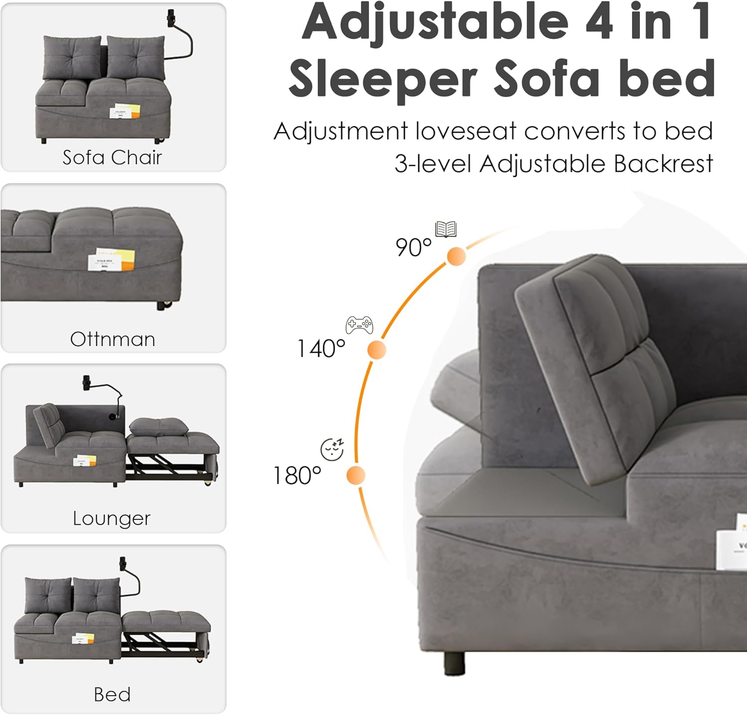 Modern Folding Futon Sofa Bed，Small Loveseat Couch with USB Charging Port, Swivel Phone Stand, Storage Bag for Living Room （Velvet, Grey）