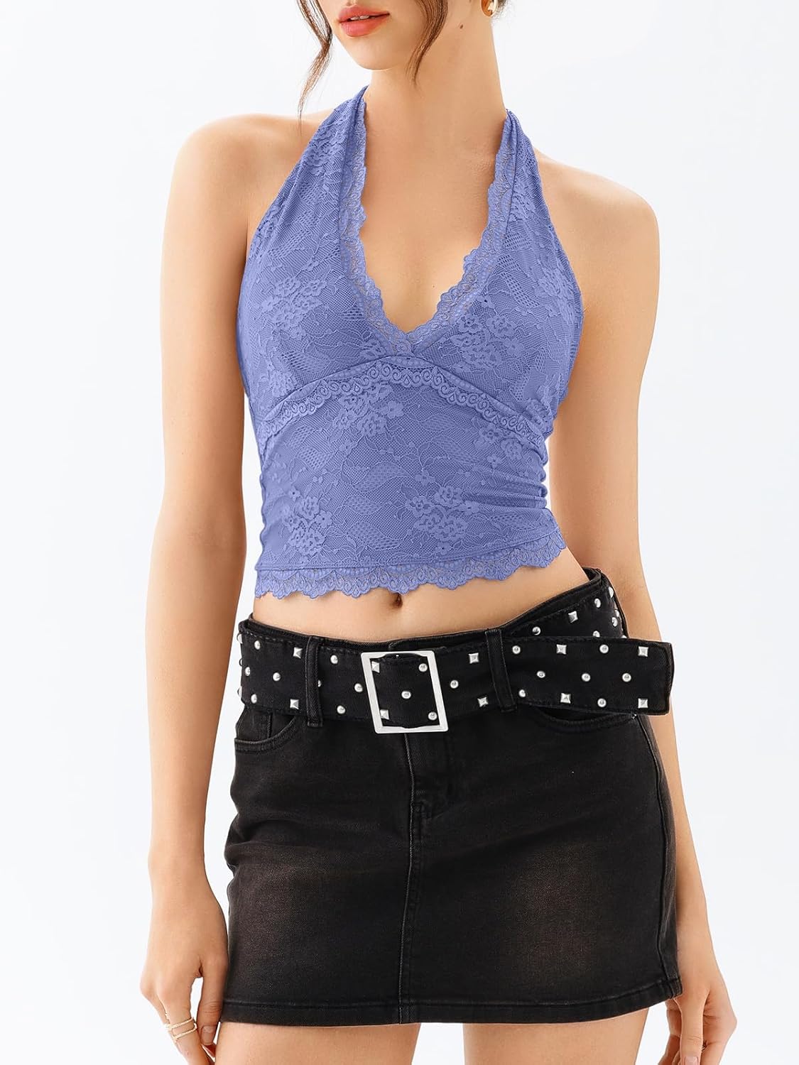 REORIA Women's V Neck Lace Halter Backless Double Lined Tank Top - Image 2