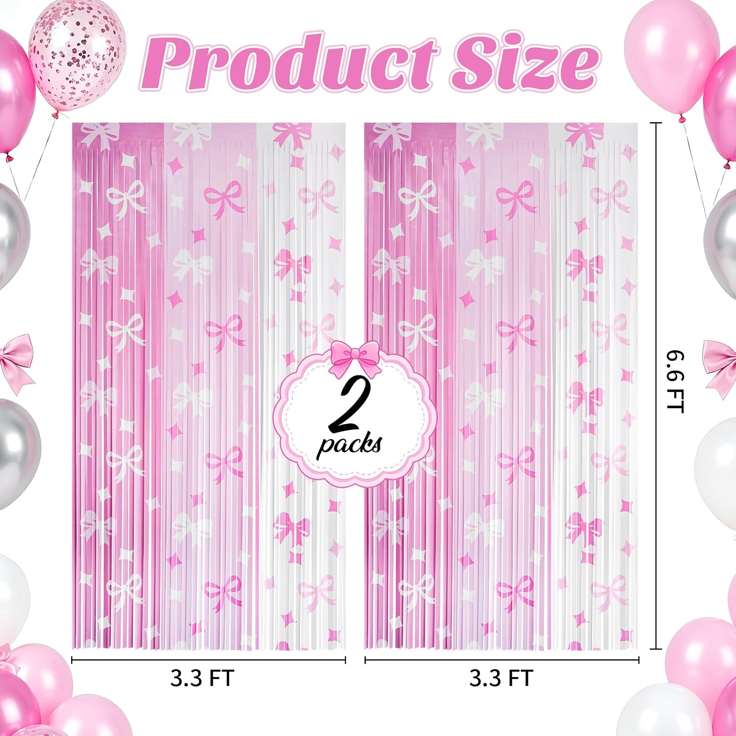2 Pack Bow Fringe Curtains, 3.3x6.6ft Light Pink & White Backdrop, Girly Party Decorations, Photo Booth, Birthday, Baby Shower, Bridal, Bachelorette, Sweet Theme Decor, Door Wall Streamers