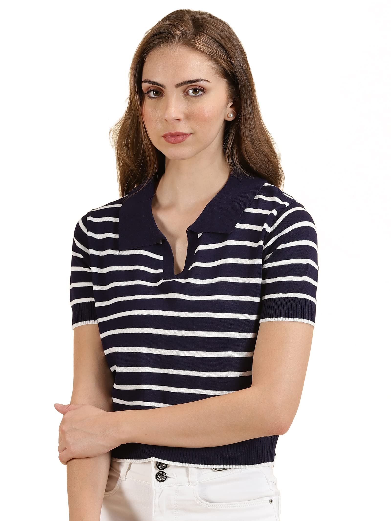SHOWOFF Women's Above The Keyboard Collar Striped Navy Blue Regular Top-CHN-81051_NavyBlue