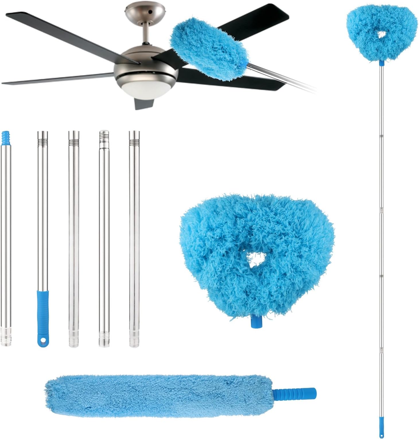 Ceiling Fan Cleaner Duster,Reusable Ceiling Fan Blade Cleaner Removable Duster with Extension Pole from 42 to 89 Inches for High Ceiling Fan, Furniture, Windows,Blinds, Car (Blue)
