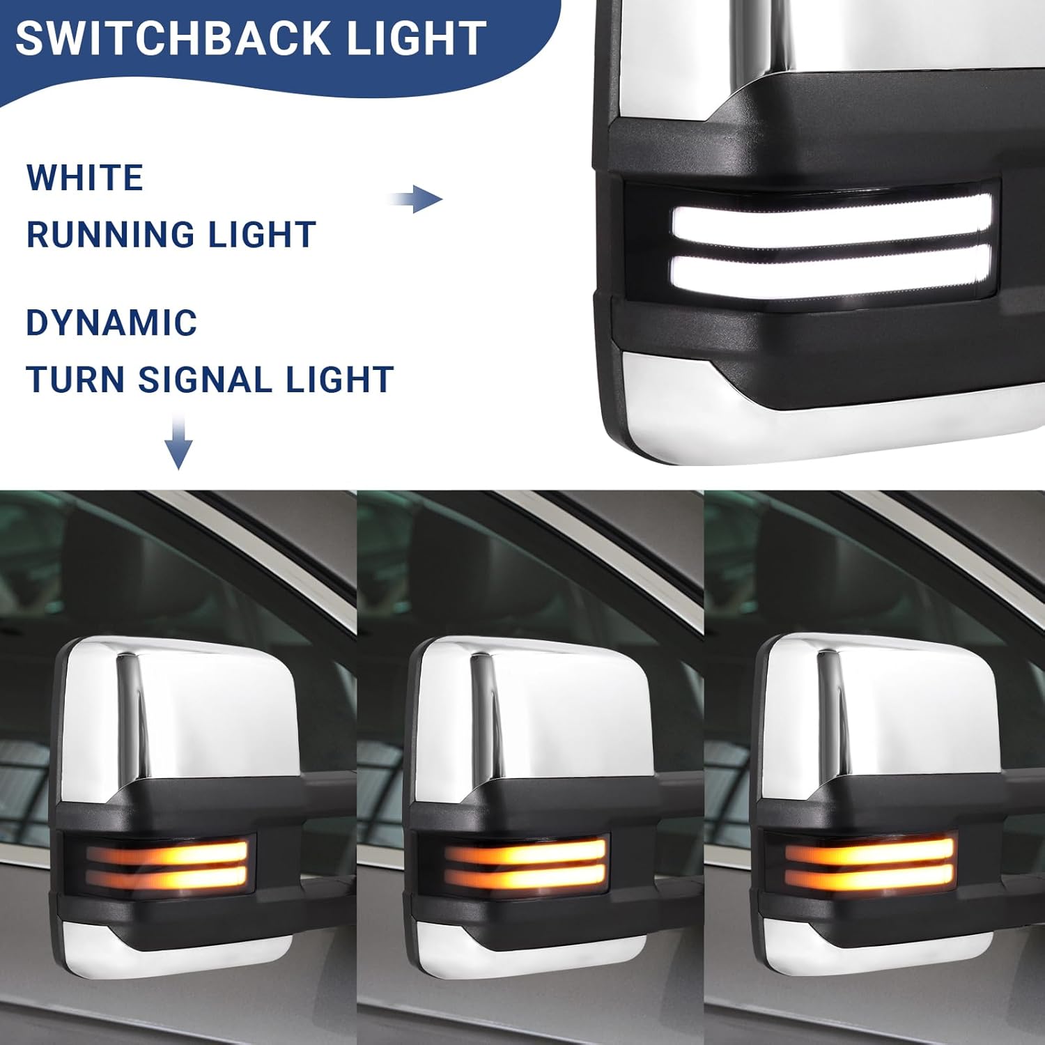 Switchback Towing Mirror Compatible with 2003-2007 Chevy Silverado GMC Sierra Tow Mirrors with Power Adjusted Heated Glass Running Light&Turn Signal Light Backup Lamp Black (Chrome Back)