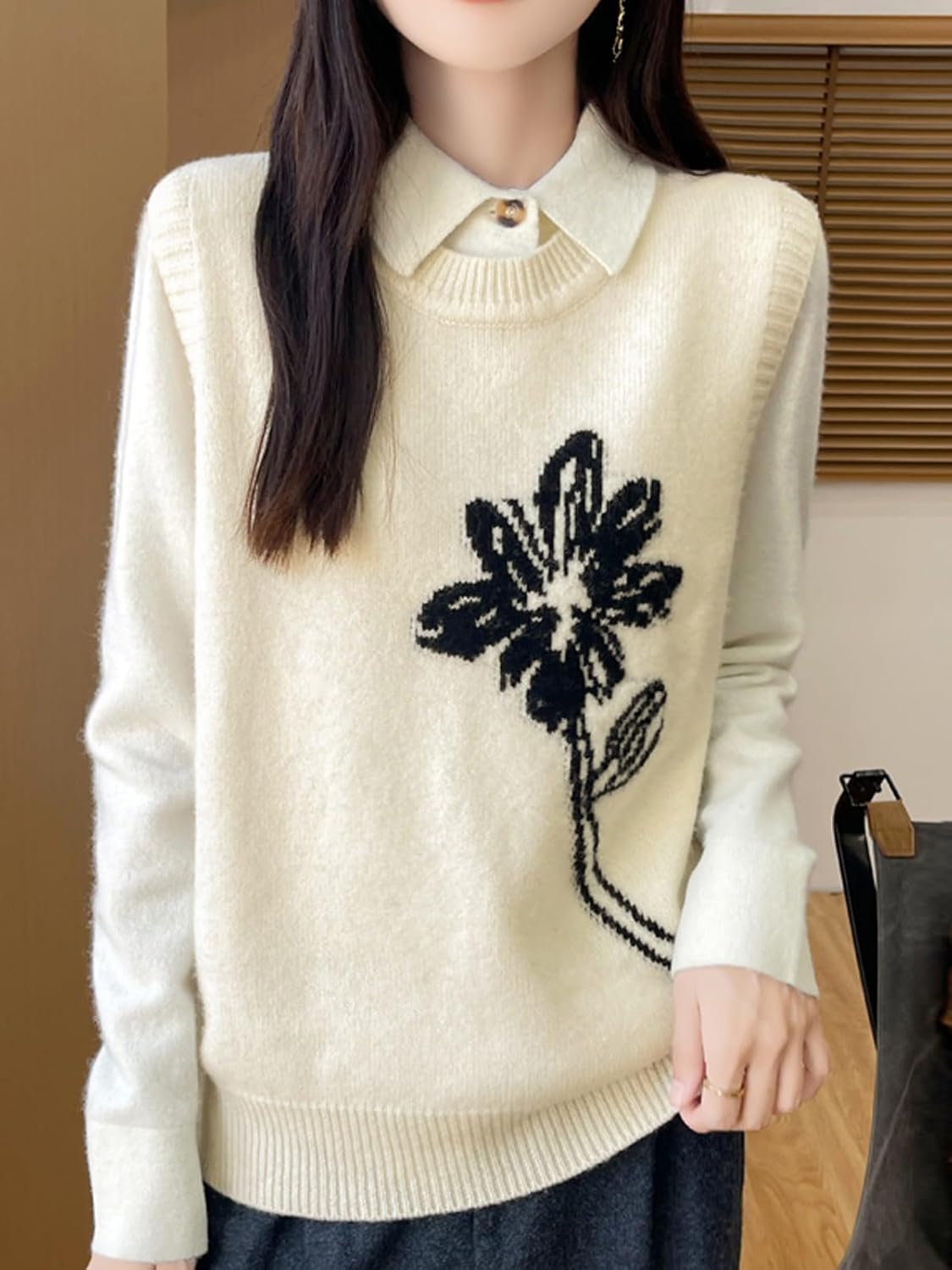 Wowcarbazole Women's Sweater Vest Crew Neck Sleeveless Ribbed Knitwear Casual Trendy Floral Knitted Vest Pullover Top - Image 2