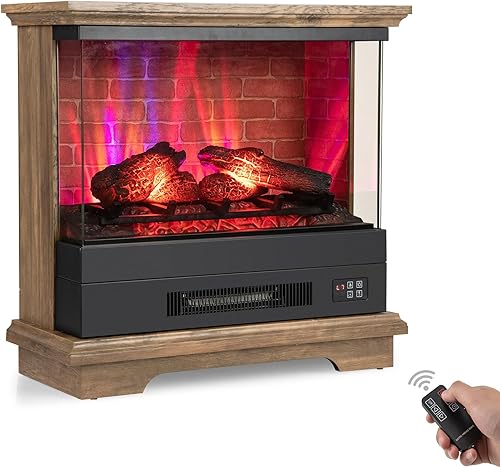 ORALNER Chimenea eléctrica de 27 pulgadas con chimenea, vista de vidrio de 3 lados, caja de fuego envolvente de madera, calentador de chimenea