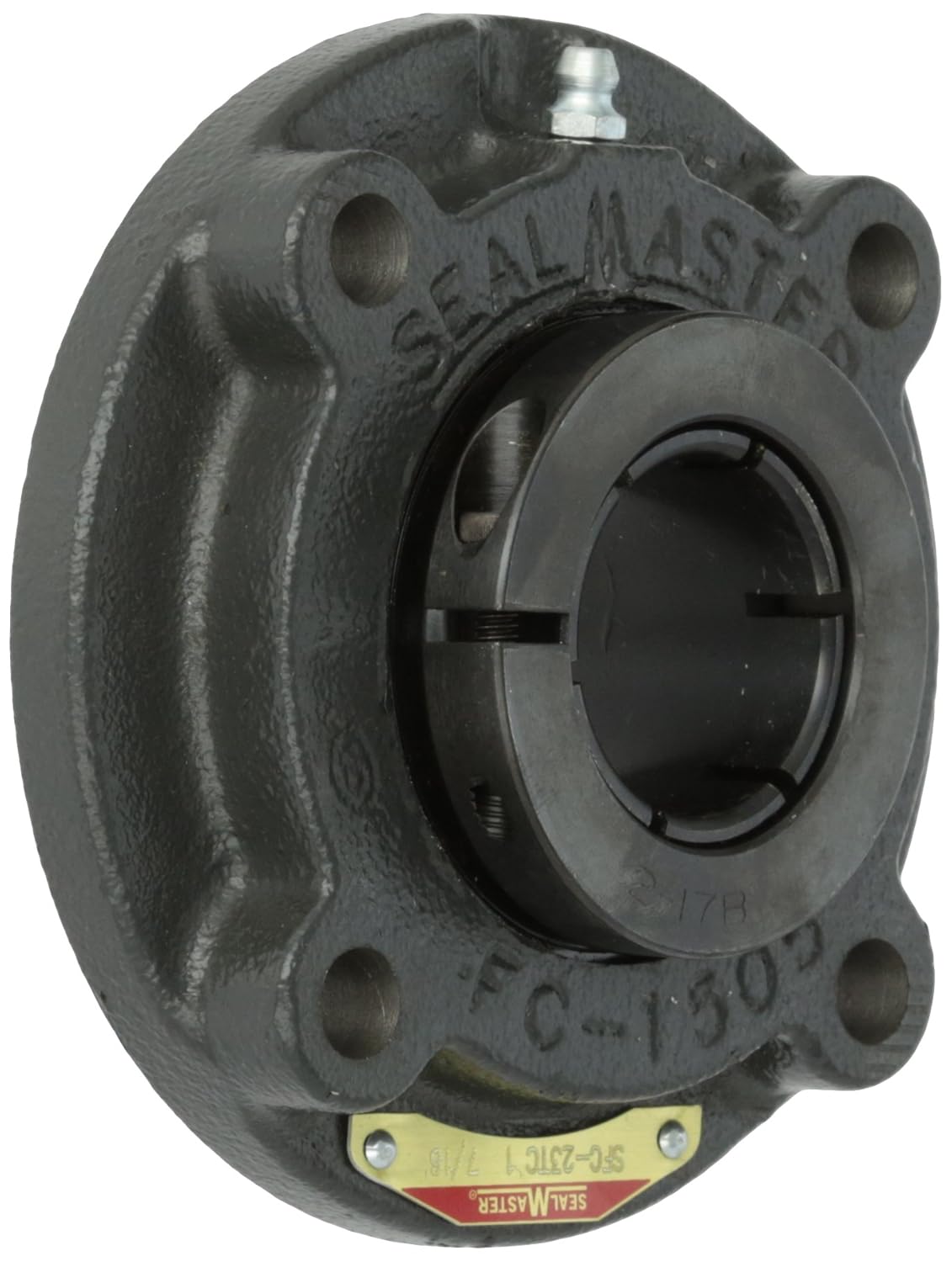 Sealmaster SFC-23TC Standard Duty Piloted Flange Cartridge Unit, 4 Bolt, Regreasable, Contact Seals, Skwezloc Collar, Cast Iron Housing, 1-7/16" Bore, 5" Overall Length, 2.917" Bolt Hole Spacing Width, 3/8" Flange Height