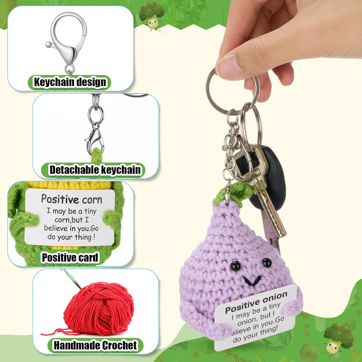 Tondiamo 18 Pcs Thanksgiving Crochet Dolls Bulks with Keychain and Encouraging Card Fruits Vegetables Emotional Dolls Encouragement Positive Knitted Crochet Gifts for Festival Party(Fresh Style)