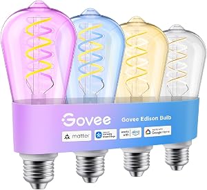 Govee Smart Edison Bulbs, ST19(58) LED Vintage Filament Light Bulb, RGB Color Changing and Tunable White, Compatible with Matter, Alexa and Google Assistant, 500lm, E26 Base for Kitchen Island, 4Pack