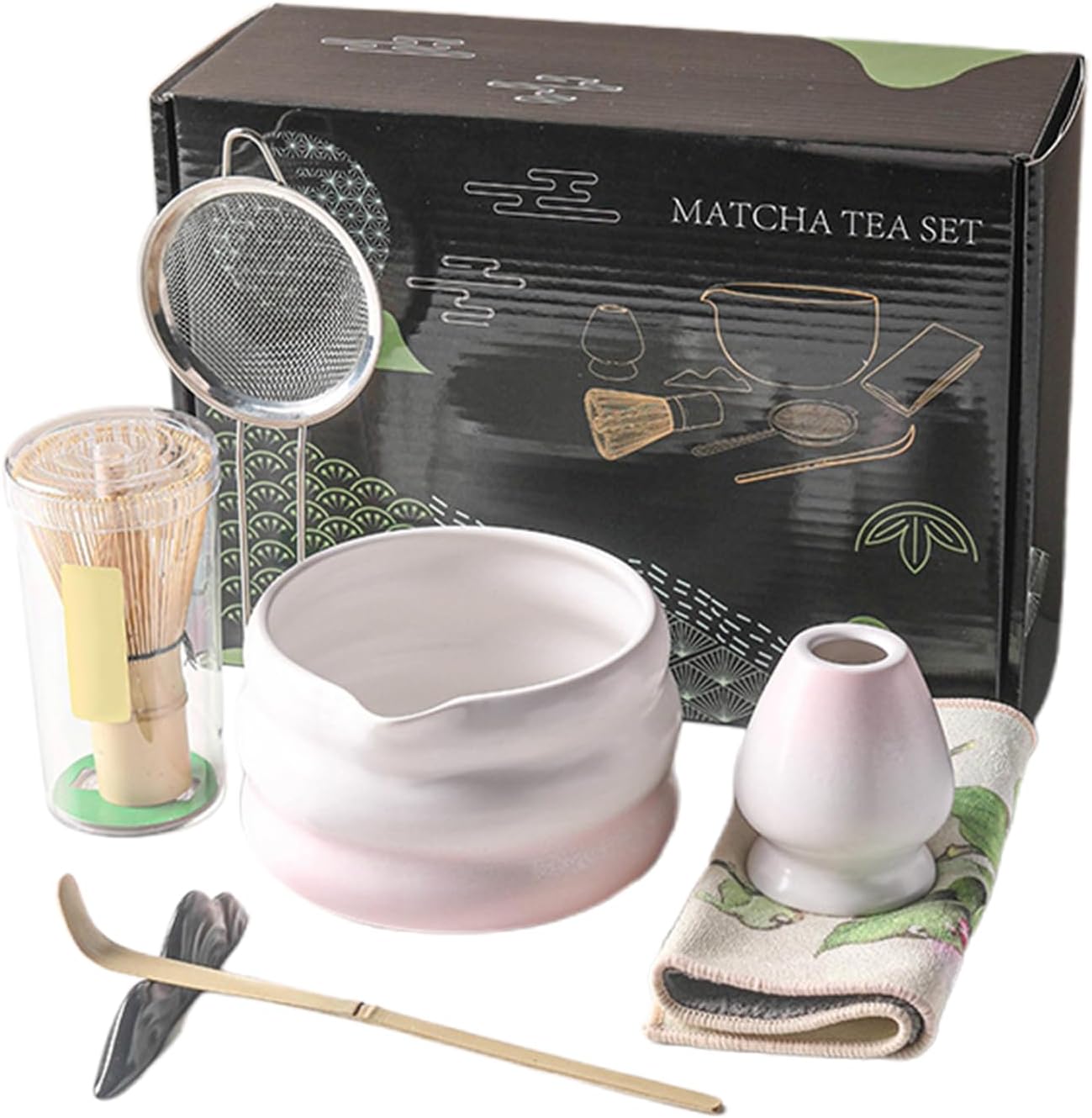 Whisk Set Kit, Traditional Tea Ceremony Tools, 7 Piece Japanese Bowl Strainer Scoop Holder for Home Brewing, Bamboo Powder Mixer Accessories, Gift Ready Drink Preparation Set