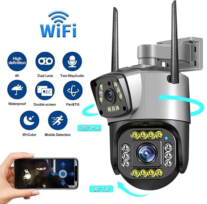 TP PLUS 4+4MTP PLUS 6MP Dual Lens WiFi CCTV Camera 1080P, PTZ 360° View, Color Night Vision, Outdoor Security Camera with 360° Pan Tilt, HD Night Vision, Motion Alerts & Two-Way Audio (Dual Lens PTZ)P Dual Lens Mini WiFi PTZ Camera for Home Indoor, 360° Rotation, Pan Tilt, HD Night Vision, Motion Tracking, Two-Way Talk, Waterproof Outdoor CCTV Camera (Dual Lens Mini Dome)