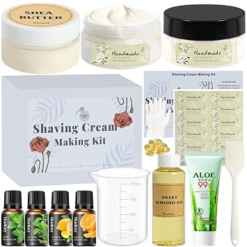 JUYRLE Shaving Cream Making Kit- DIY Natural Shave Cream for Mens, Sensitive Hair Removal Cream with Shea Butter, Sweet Almond Oil, Smooth & Silky Shaving Soap Christmas Gifts for Men, Boyfriend