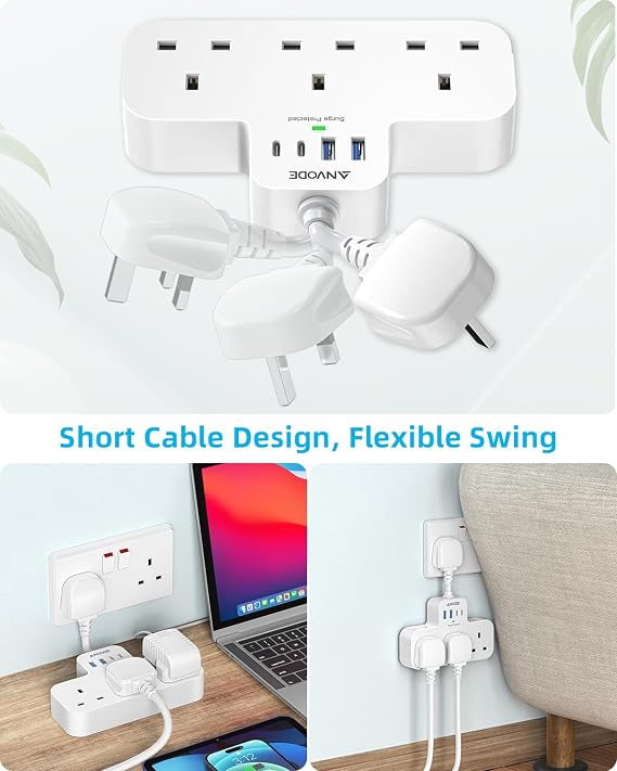 Multi Plug Extension Socket with USB C, ANVODE 3 Way Plug Adaptor with Flexible Socket, Adapter Plug UK Turn 1 to 7, Short Extension Lead Power Strip for Bedroom, Office, Kitchen. White