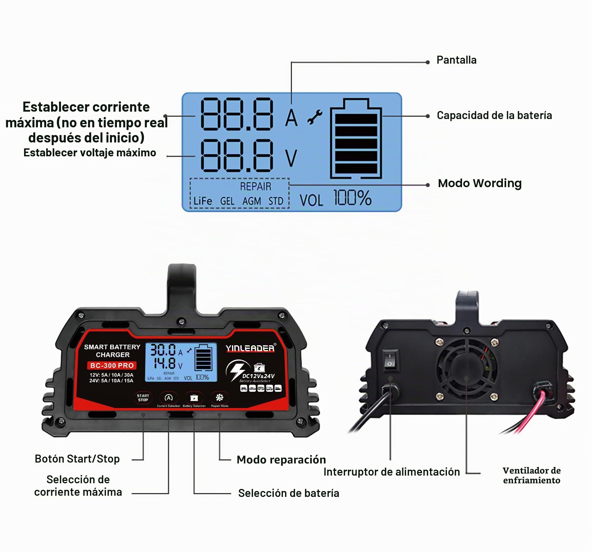 Yinleader Cargador de batería de Coche 30 A 12 V/24 V Cargador de batería para Coche Totalmente automático Inteligente con Pantalla LCD