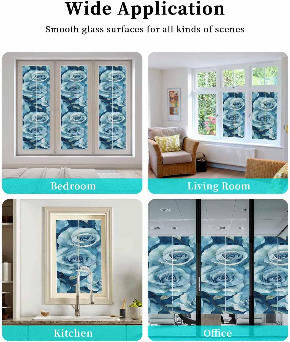 Blue Rose Flower Window Privacy Film Decorative Stained Glass Window Film Vintage Modern Abstract Painting Art Static Windows Clings Sticker for Glass Door, 35.4"x78.7" Blackout Shades Windows Cover