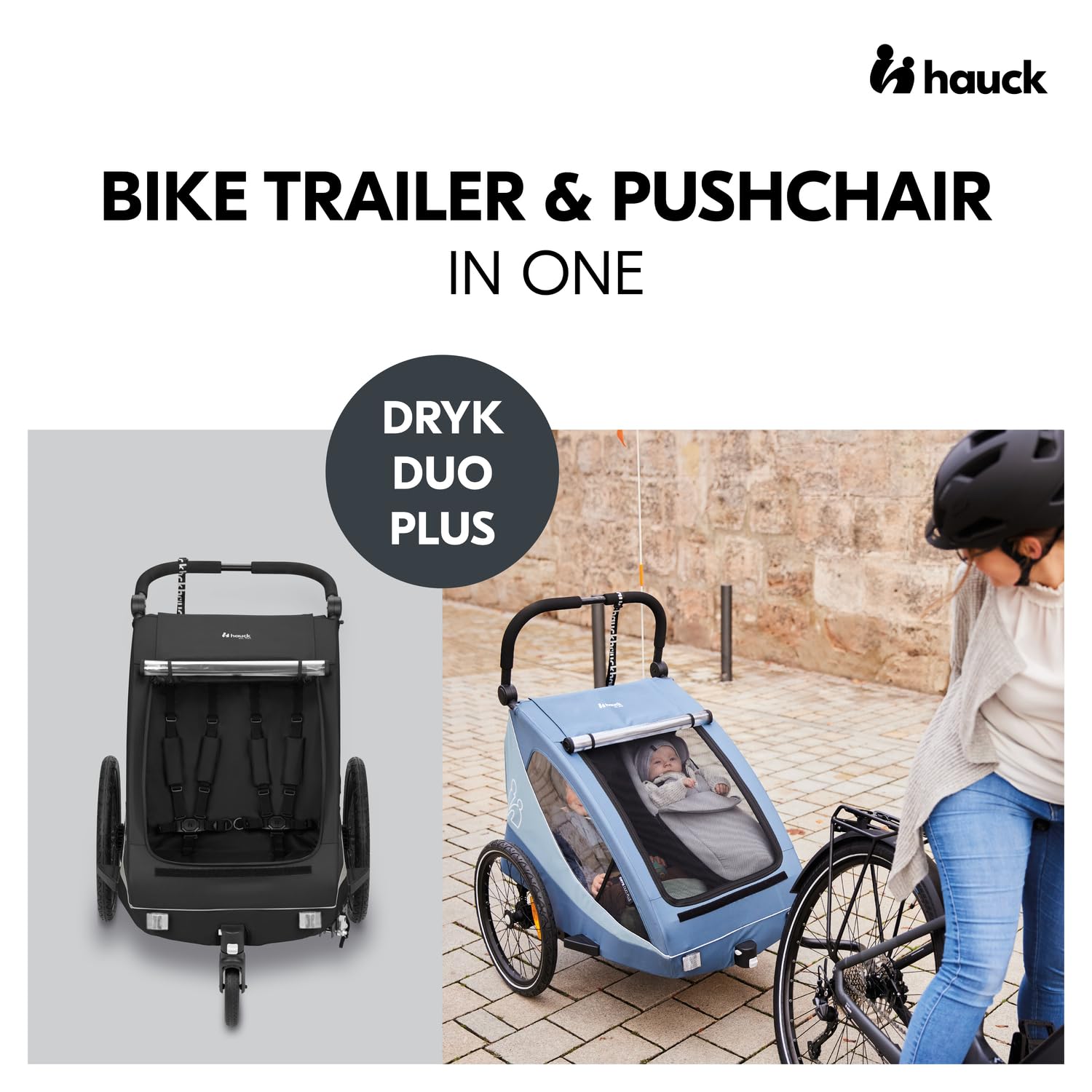 hauck Dryk Duo Plus, Black - 2in1 Kids Bike Trailer & Pushchair with Suspension 2 Seats Folding Bicycle Trailer with XL Storage, Tow Bar, Hitch, Pennant, Stroller Wheel & LED Rear Light — view 3