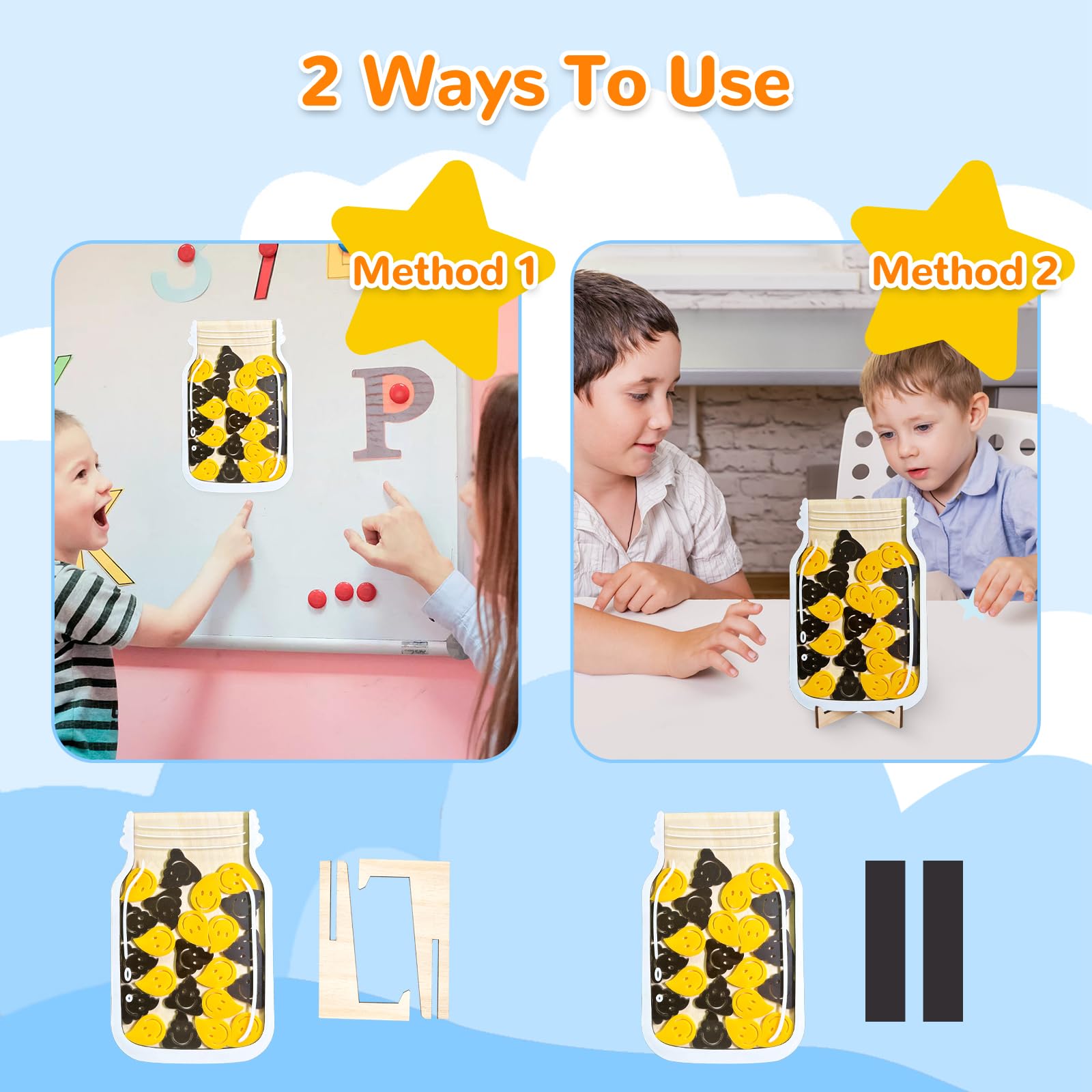 Tarro de recompensa para niños – Gráfico magnético de comportamiento de madera y tarro de incentivos con 25 fichas, calcomanías, soporte e imán – Herramienta de refuerzo positivo para el hogar, niños