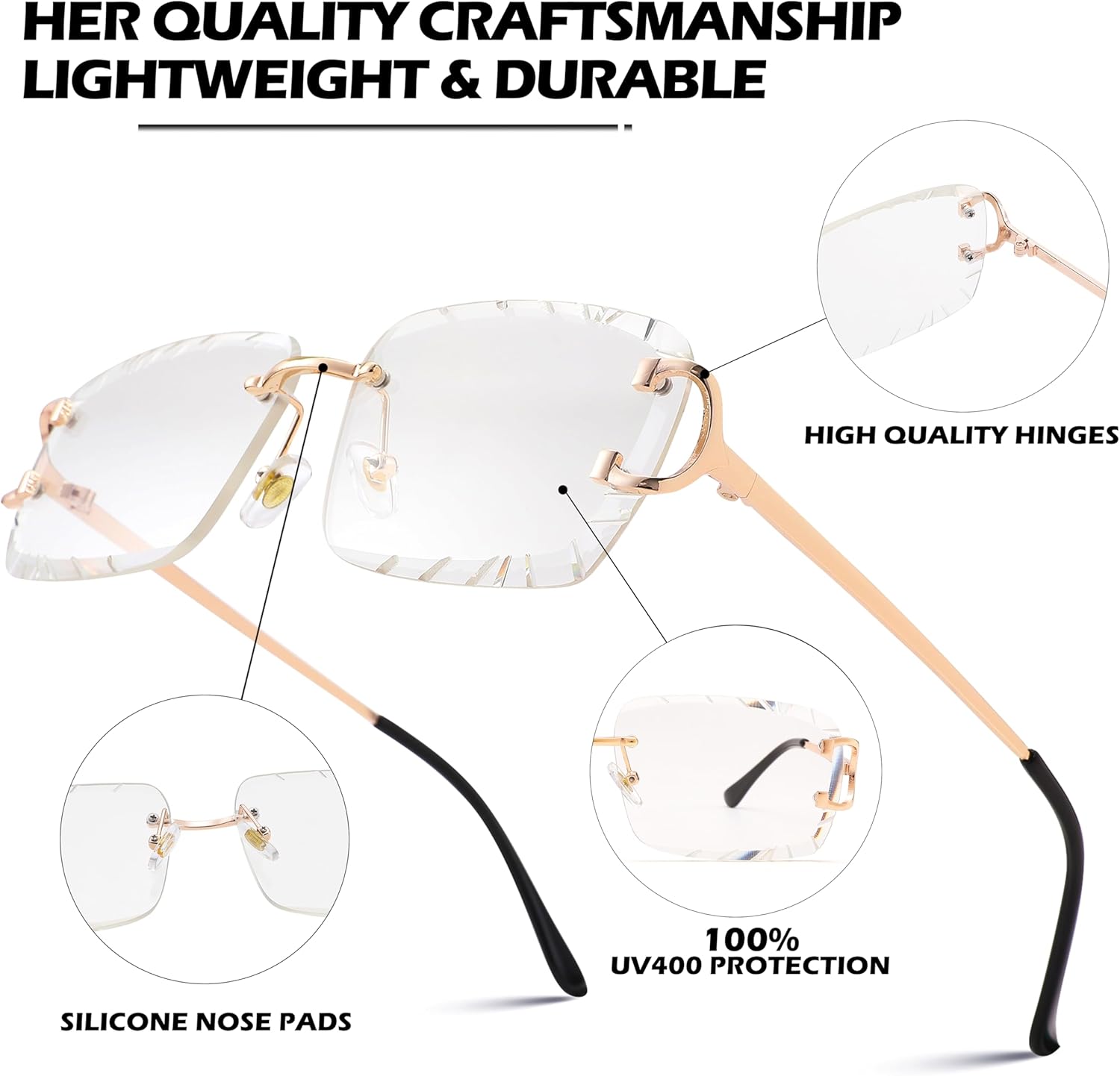 Hycredi Rimless Rectangle Sunglasses for Men/Women- Frameless Square Trendy Shade - Diamond Cutting Eyewear - Image 6