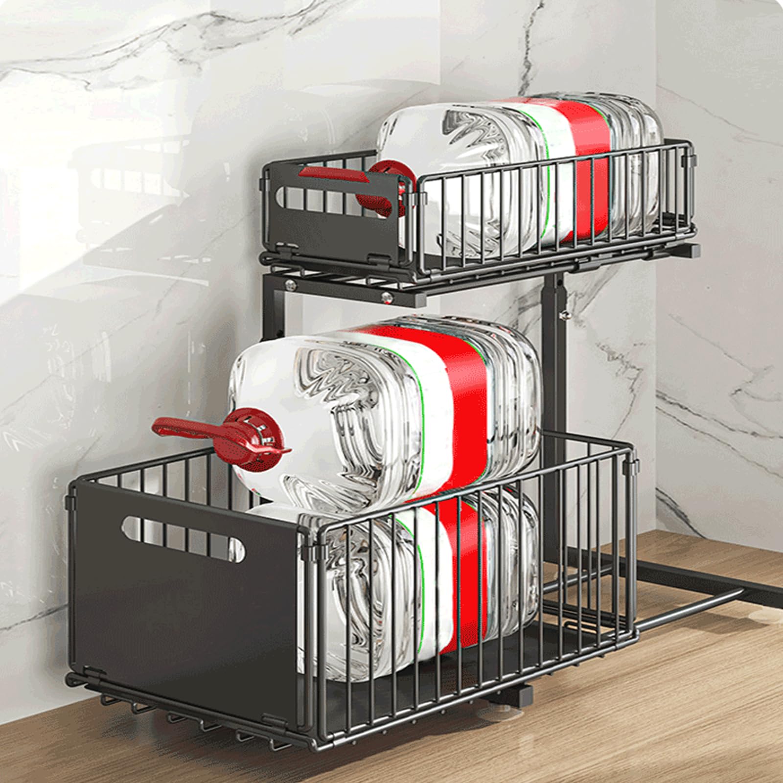 Supfine - Organizador bajo fregadero de 2 niveles con cajones deslizantes, acero al carbono, altura ajustable, almacenamiento bajo fregadero, para cocina, oficina, baño (2, negro)