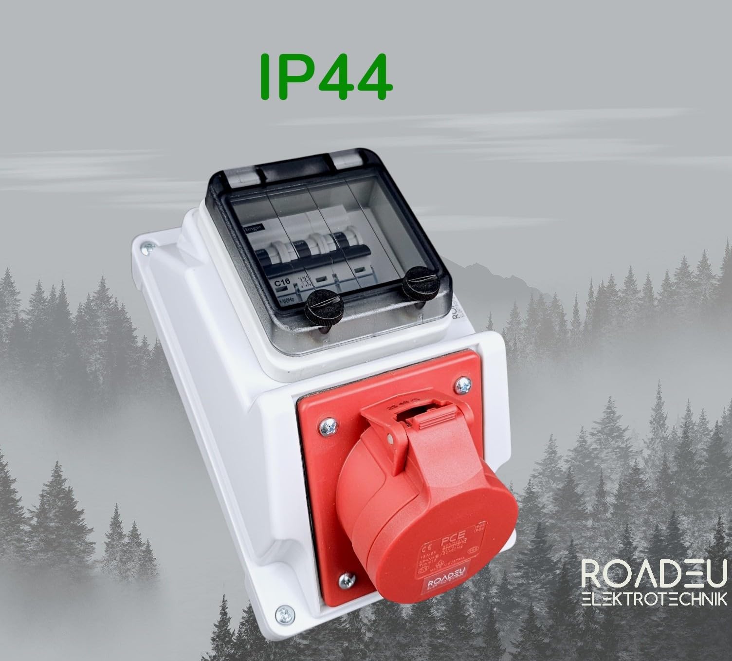 RoadEu Wandverteiler IP44 mit LS-Schalter | CEE 16A 5-polig 400V Steckdose | Sicherungskasten mit Klarsichtdeckel | vorverdrahtet 2,5mm² | für Werkstatt & Garage