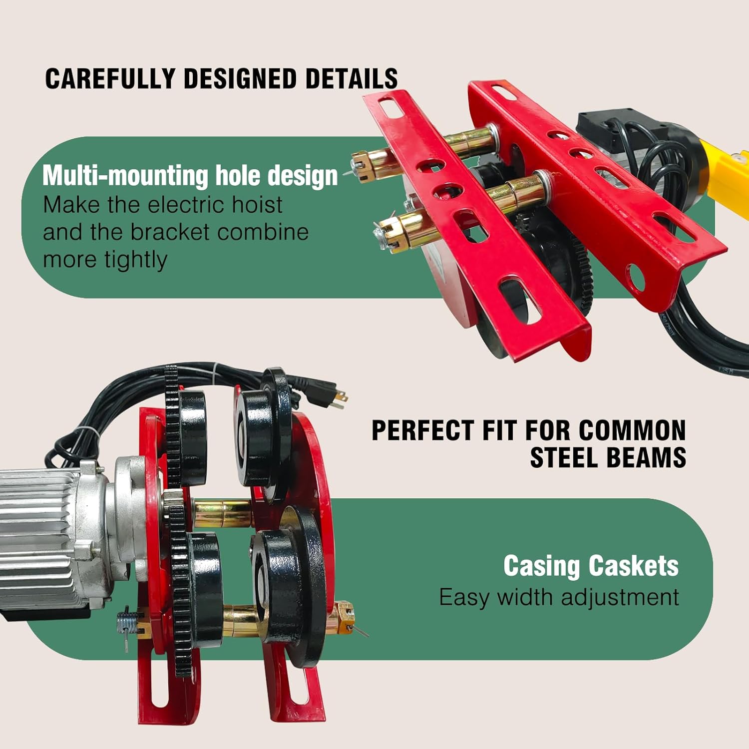 Electric Trolley for Power Hoist,1 Ton 2204 LBS Capacity,Fit 2.68"-4.33" in I-Beam,for PA200-PA1000 Hoists Push Geared Overhead Crane Heavy Duty Wheels System,for Warehouses,Gantry Cranes