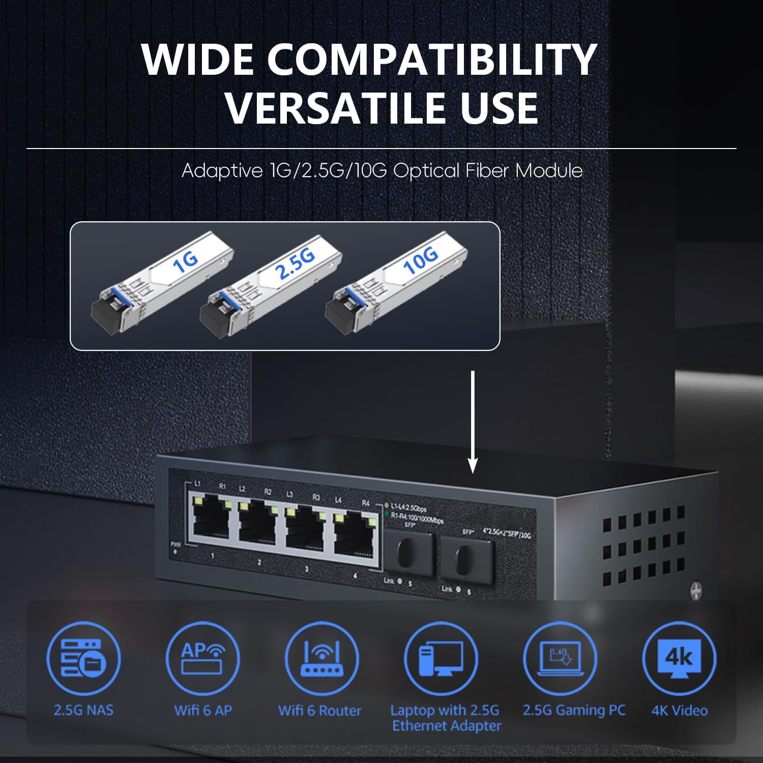 6 Port 2.5Gb Ethernet Switch Unmanaged Network Switch | 4 x 2.5 Gigabit | 2 x 10G SFP+ | Compatible 100/1000/2500Mbps | Plug & Play | Fanless Metal Switch for Wireless AP, NAS, PC