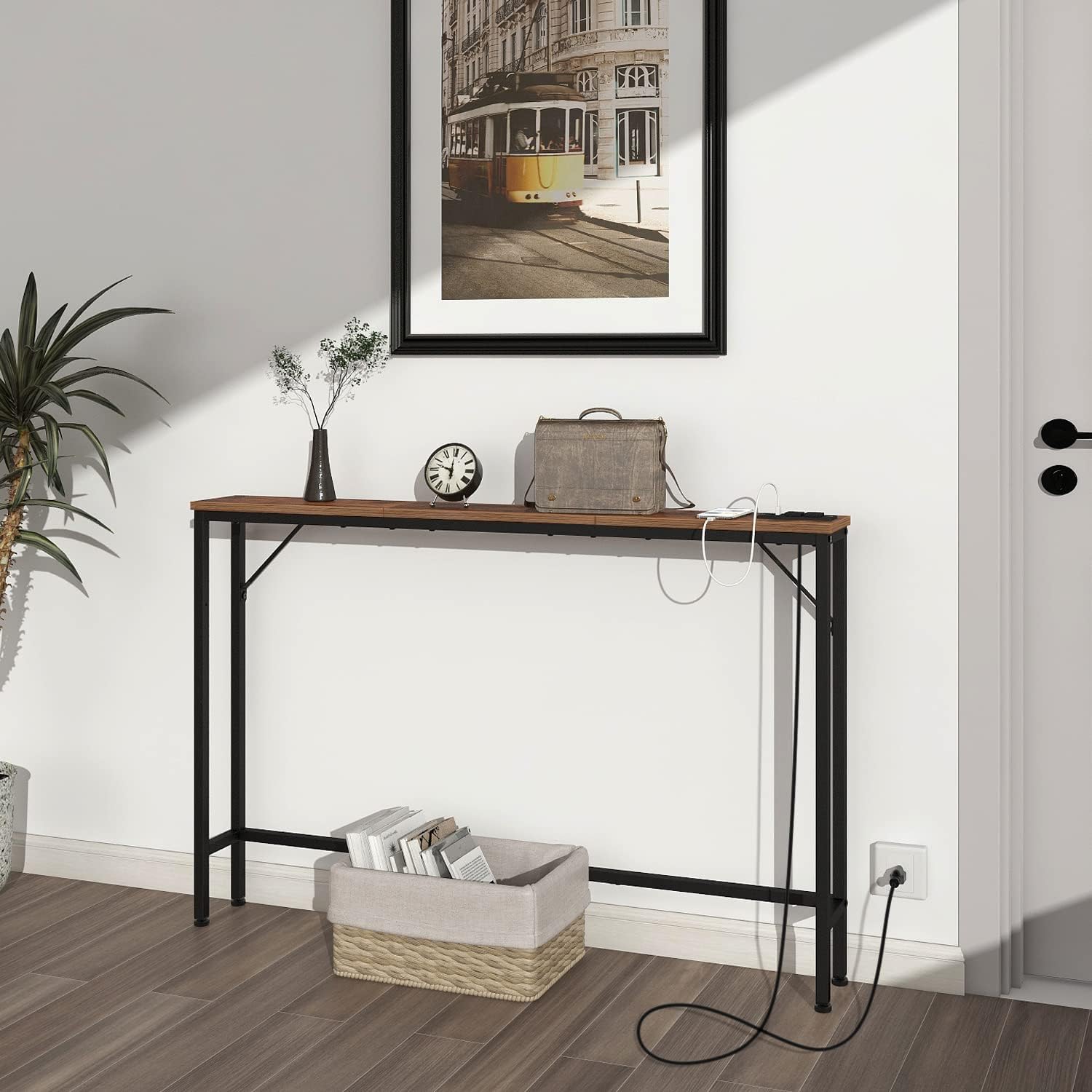 Tohomeor Skinny 5.9" Console Table 47.24" Narrow Long Sofa Table with Power Outlets USB Ports Industrial Wooden Entry Table for Entryway Living Room Hallway (Brown, L-94.4xW-5.91)