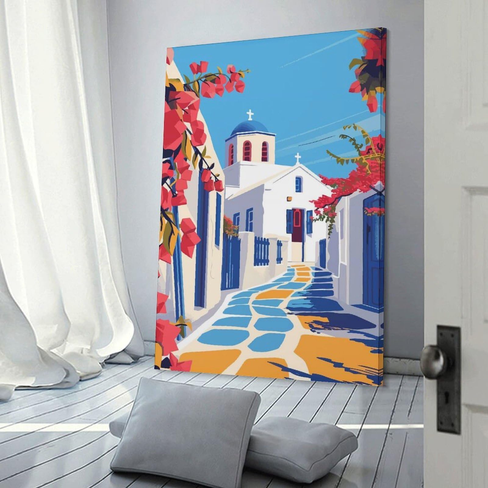 Junmoney Canvas Art Print Greek Town Greece Art, 20x30inch(50x75cm), for New Homes, Bedrooms Or Workspaces, Thoughtful Wall Decor for Art Lovers